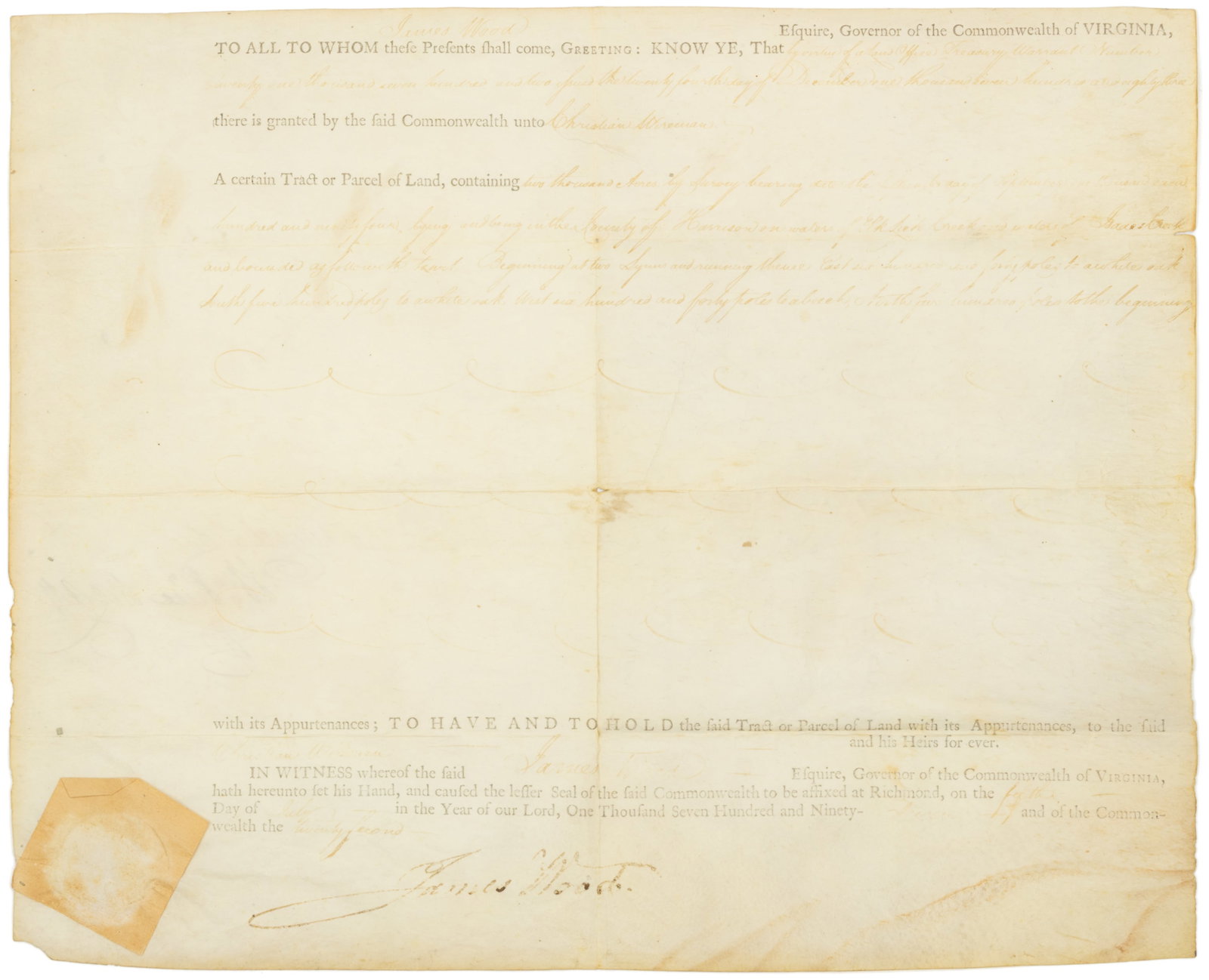 JAMES WOOD (1741-1813) SIGNED 1797 HARRISON CO., (NOW WEST) VIRGINIA LAND GRANT DOCUMENT (1 of 2)