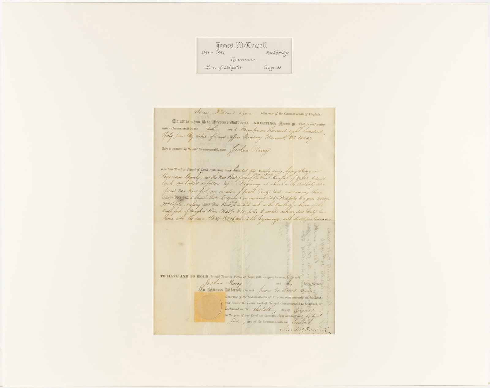 JAMES MCDOWELL (1795-1851) SIGNED 1845 HARRISON CO., ( NOW WEST) VIRGINIA LAND GRANT DOCUMENT (1 of 4)