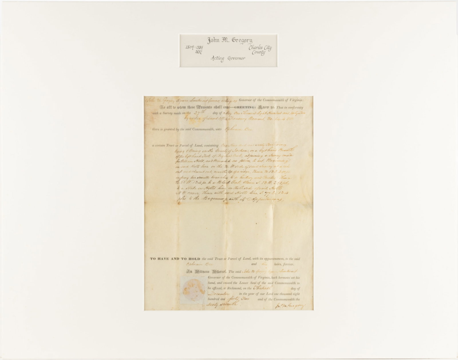 JOHN M. GREGORY (1804-1884) SIGNED 1842 JACKSON CO., (NOW WEST) VIRGINIA LAND GRANT DOCUMENT (1 of 4)