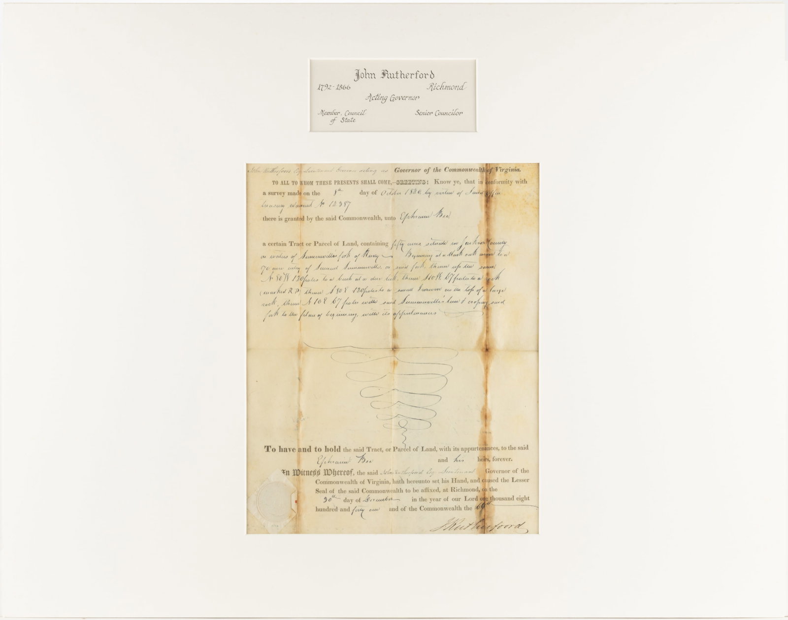JOHN RUTHERFOORD (1792-1866) SIGNED 1841 JACKSON CO., (NOW WEST) VIRGINIA LAND GRANT DOCUMENT (1 of 4)