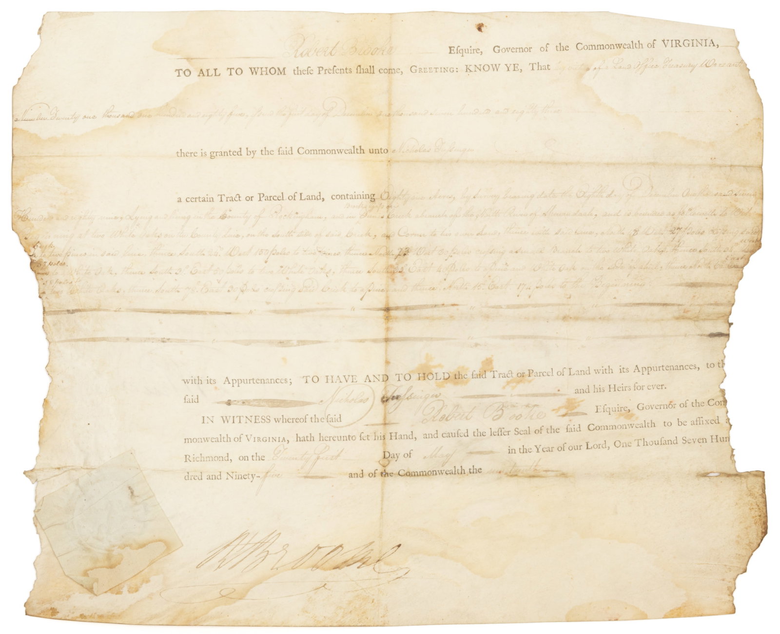 ROBERT BROOKE (C.1751-1800) SIGNED 1795 ROCKINGHAM CO., VIRGINIA LAND GRANT DOCUMENT (1 of 2)