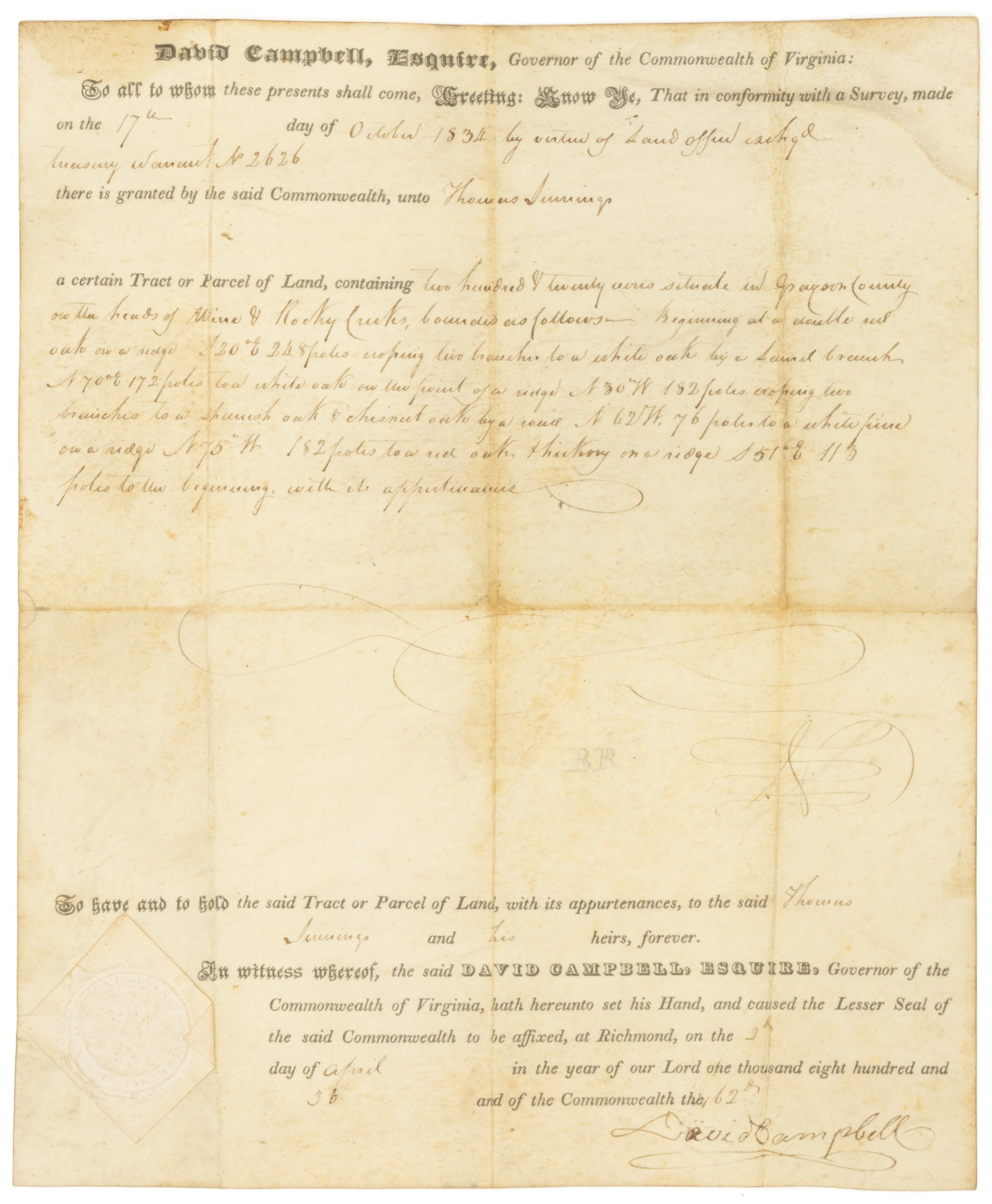 DAVID CAMPBELL (1779-1859) SIGNED 1838 GRAYSON CO., VIRGINIA LAND GRANT DOCUMENT (1 of 2)