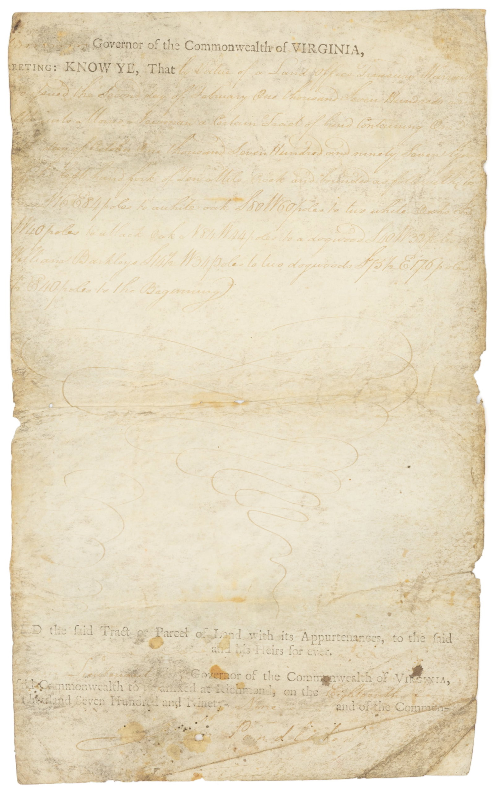 JOHN PENDLETON JR. (1749-1806) SIGNED 1799 HARRISON CO., (NOW WEST) VIRGINIA LAND GRANT DOCUMENT (1 of 2)
