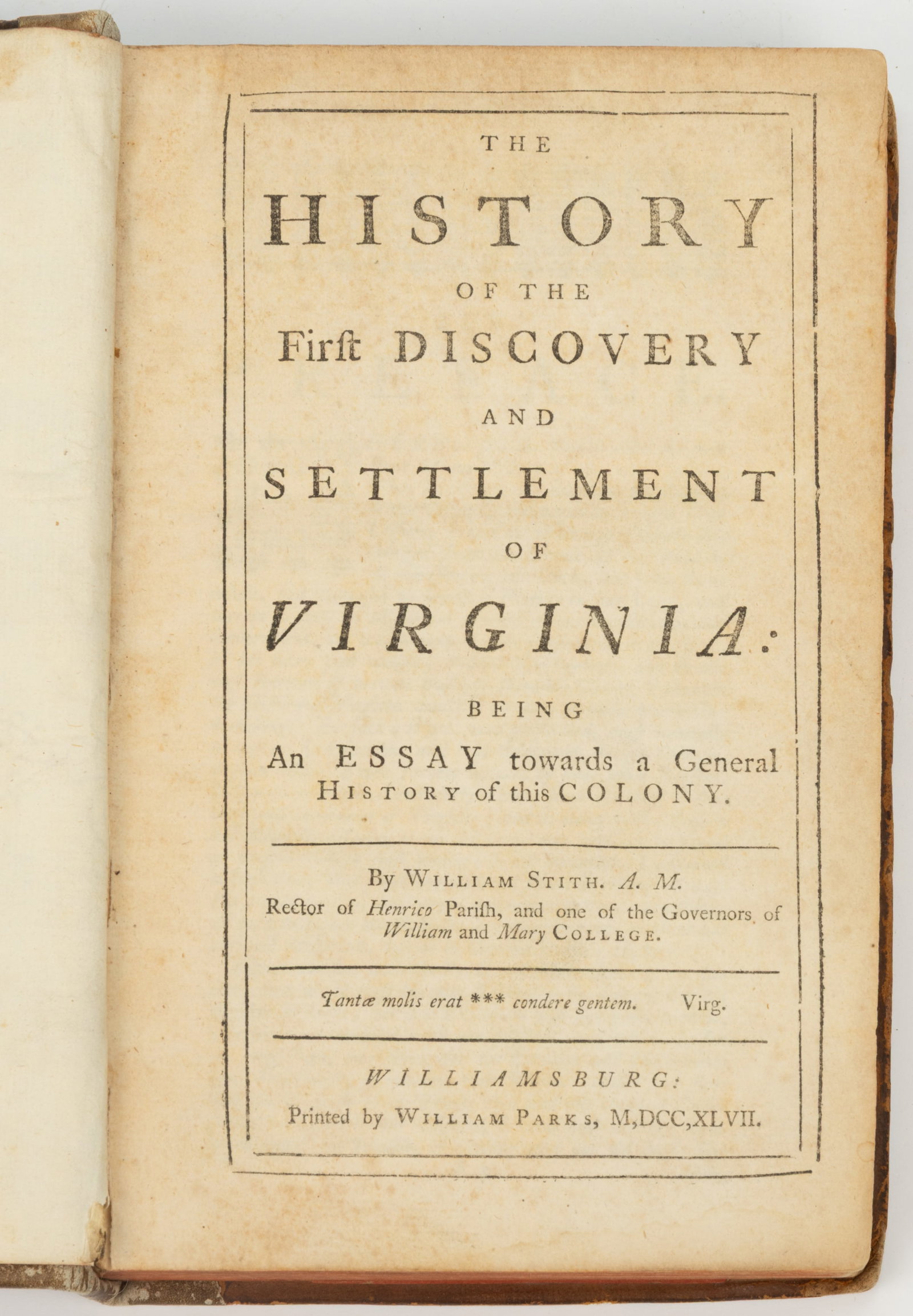 IMPORTANT 18TH CENTURY VIRGINIA HISTORY VOLUME PLUS LATER INDEX, LOT OF TWO (1 of 4)