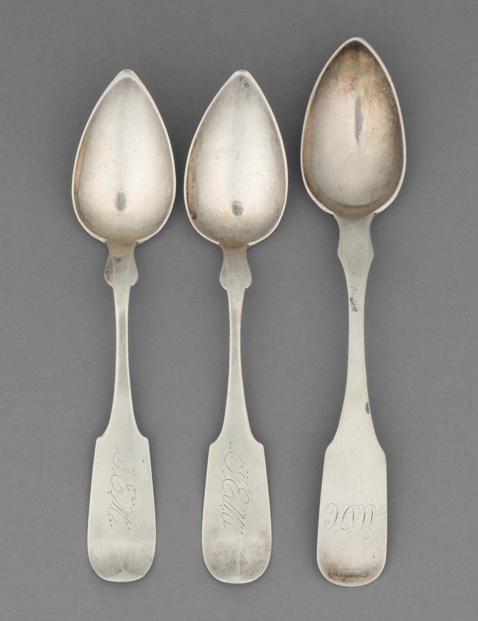 HENRY OTT, HARRISONBURG, SHENANDOAH VALLEY OF VIRGINIA COIN SILVER TEASPOONS, LOT OF THREE: HENRY OTT, HARRISONBURG, SHENANDOAH VALLEY OF VIRGINIA COIN SILVER TEASPOONS, LOT OF THREE, each having a pointed oval bowl on a fiddle handle with pointed shoulders and a personalized engraving, comp