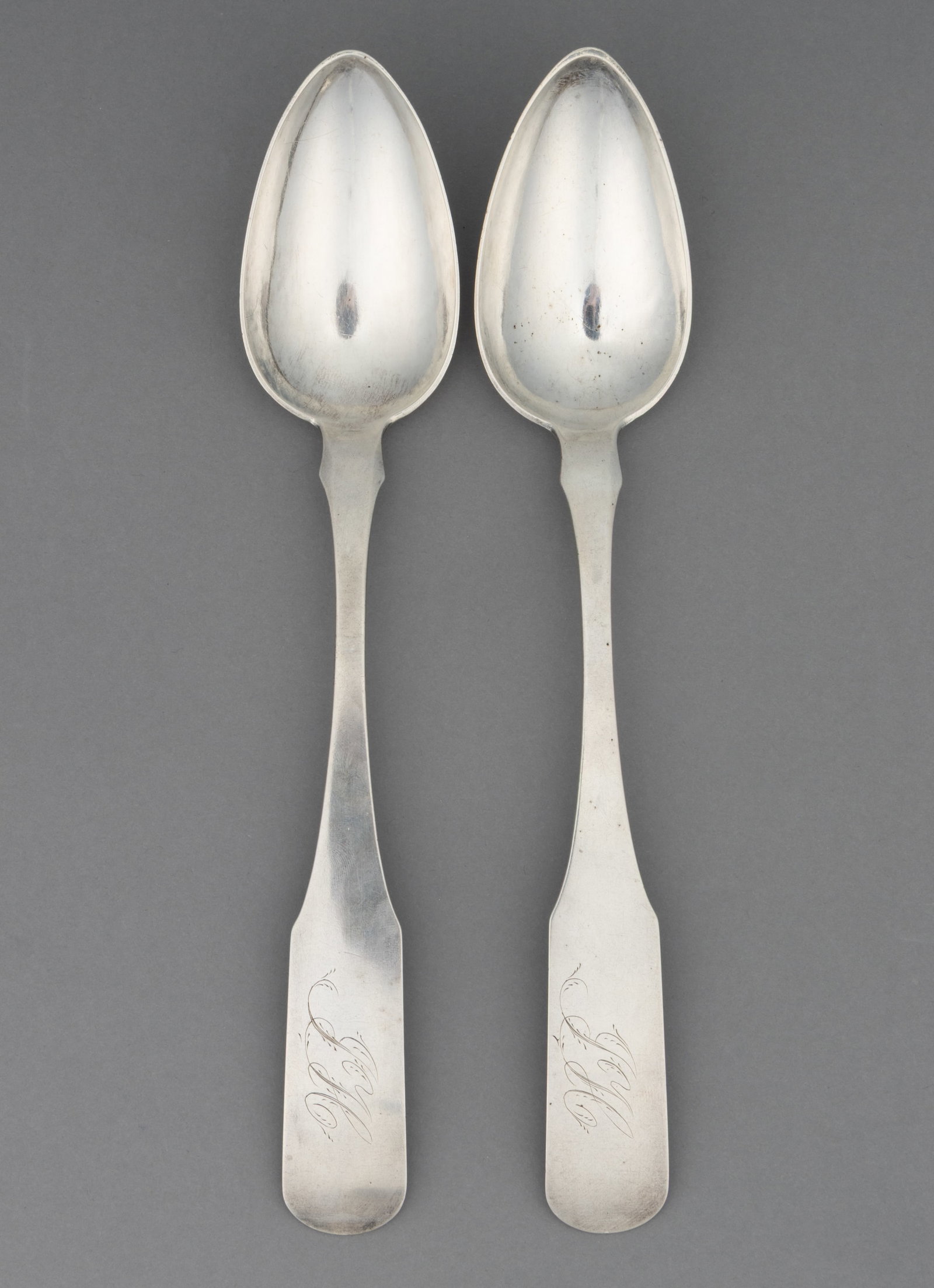 JAMES MEREDITH, WINCHESTER, SHENANDOAH VALLEY OF VIRGINIA COIN SILVER TABLESPOONS, PAIR (1 of 2)