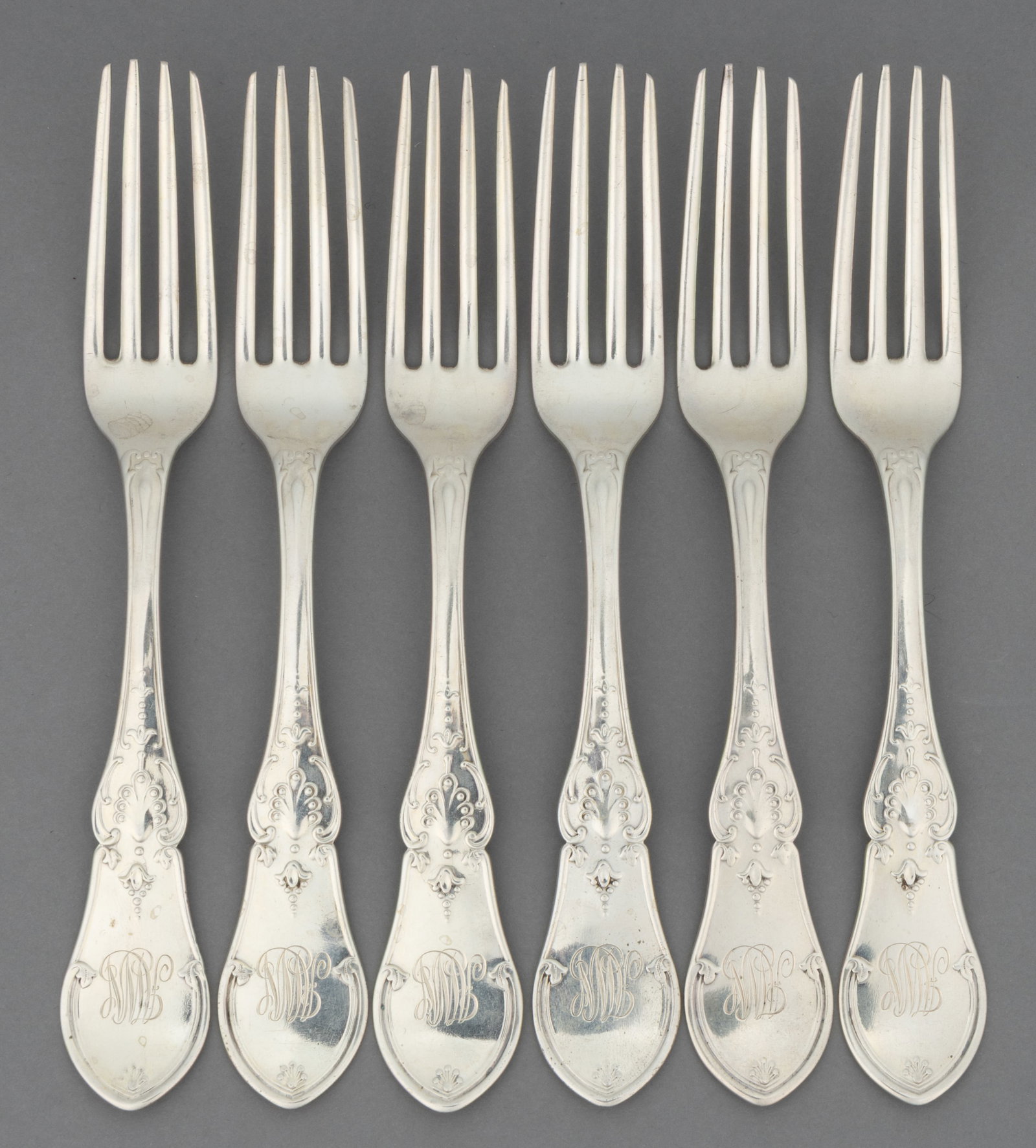 JOHN H. TYLER & CO., RICHMOND, VIRGINIA RETAILED "DEW DROP" COIN SILVER PLACE FORKS, SET OF SIX: JOHN H. TYLER & CO., RICHMOND, VIRGINIA RETAILED "DEW DROP" COIN SILVER PLACE FORKS, SET OF SIX, pattern designed in 1860 originally by A. & W. Wood of New York City, NY (active c.18