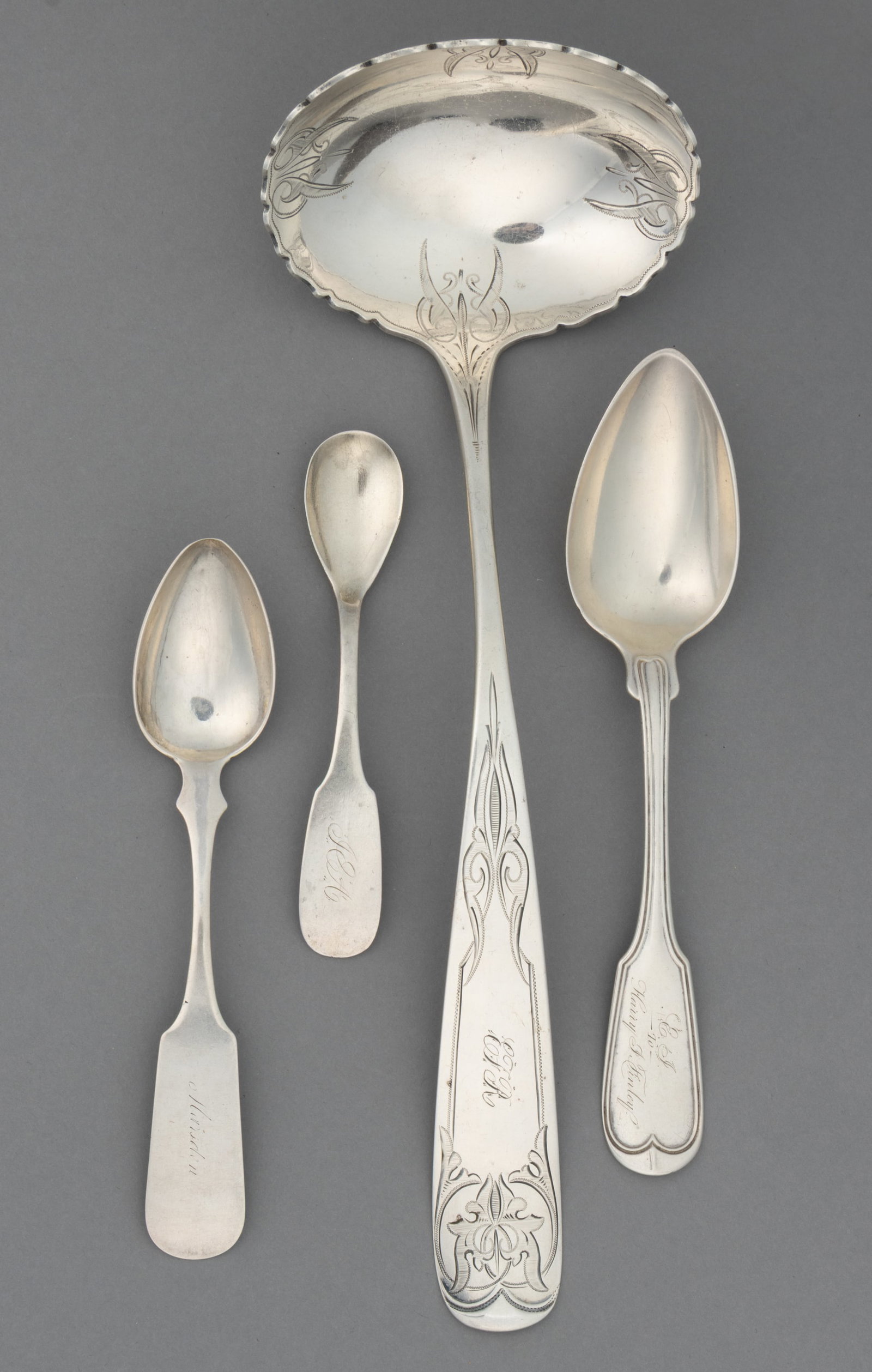 J.M. FREEMAN, NORFOLK, VIRGINIA MADE / RETAILED COIN SILVER SPOONS AND LADLE, LOT OF FOUR (1 of 1)