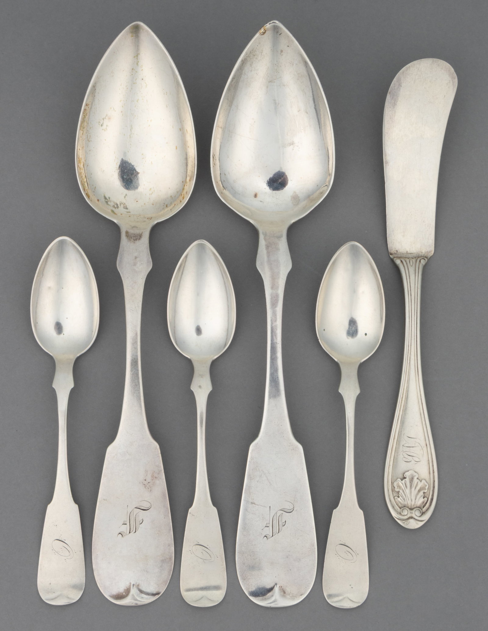 ALEXANDRIA AND PETERSBURG, VIRGINIA RETAILED COIN SILVER SPOONS AND BUTTER KNIFE, LOT OF SIX (1 of 1)