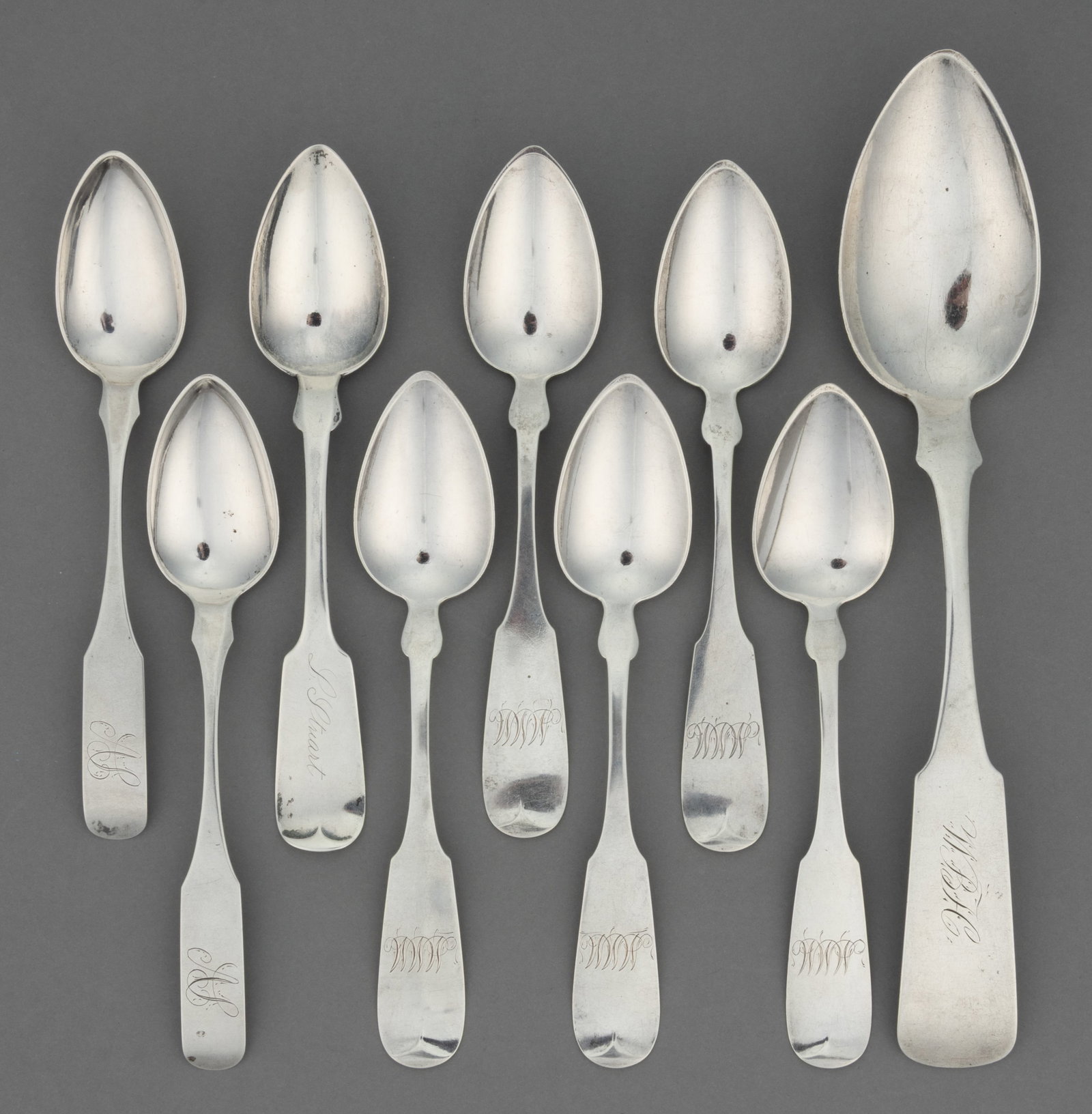 VIRGINIA, MID-ATLANTIC, AND POSSIBLY OTHER COIN SILVER SPOONS, LOT OF NINE (1 of 1)