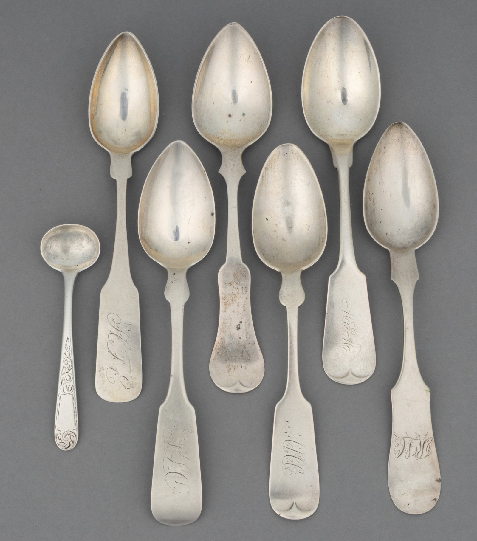 SOUTHERN, MID-ATLANTIC, AND MIDWESTERN MADE / RETAILED STERLING AND COIN SILVER SPOONS, LOT OF SEVEN (1 of 1)
