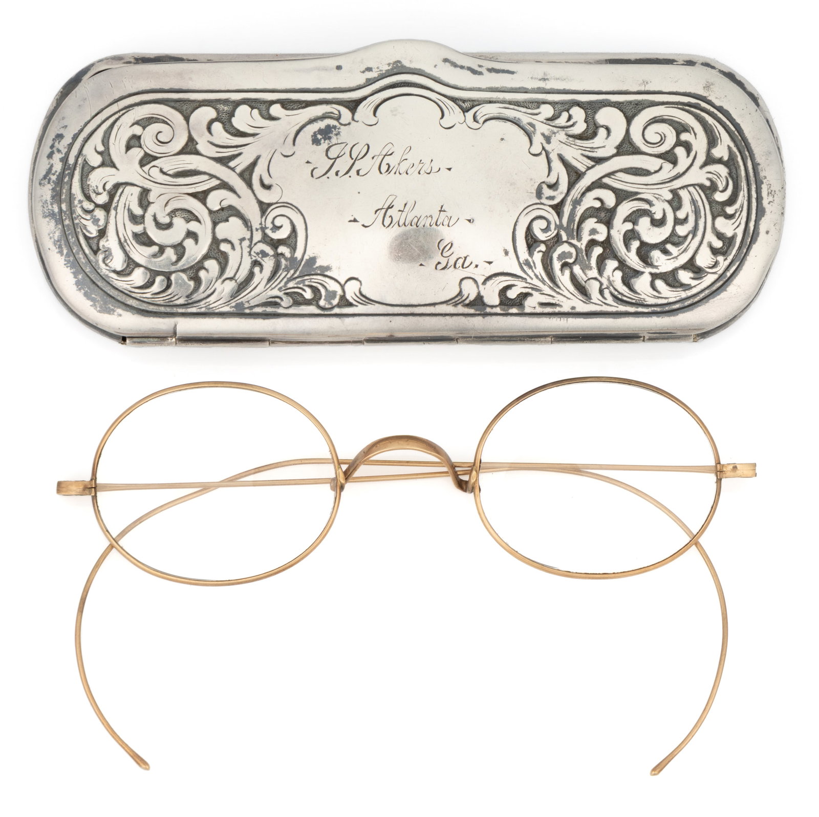 ATLANTA, GEORGIA OWNED STERLING SILVER EYEGLASSES CASE WITH SPECTACLES / EYEGLASSES (1 of 1)