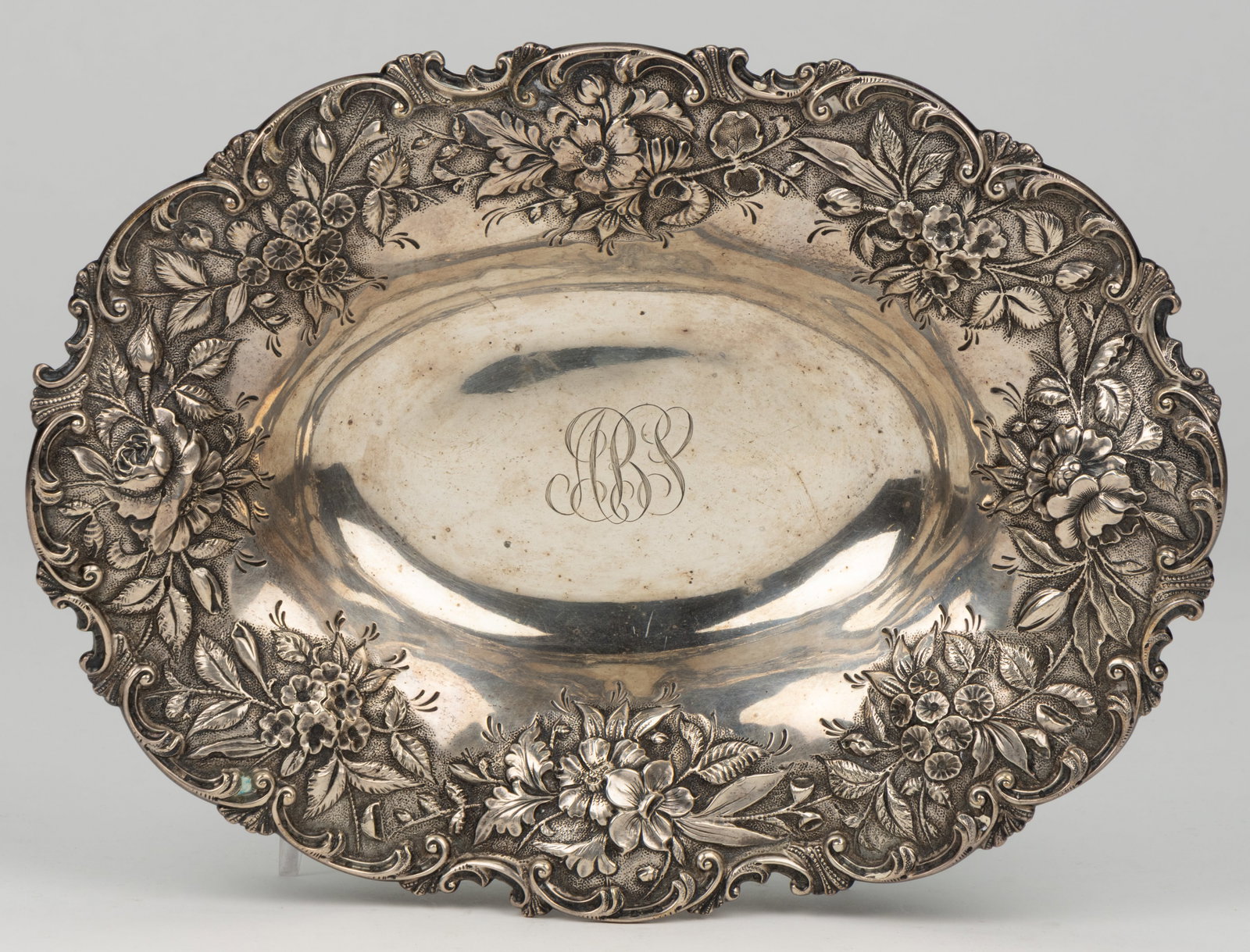 S. KIRK & SON, BALTIMORE, MARYLAND "REPOUSSE" STERLING SILVER BREAD TRAY WITH U.S. NAVAL ACADEMY (1 of 3)