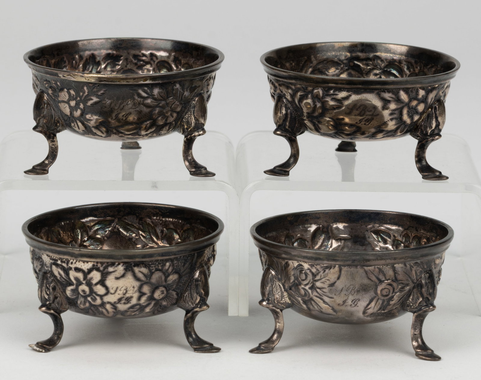 S. KIRK & SON, BALTIMORE, MARYLAND REPOUSSE 0.917 COIN SILVER OPEN SALTS, SET OF FOUR (1 of 2)