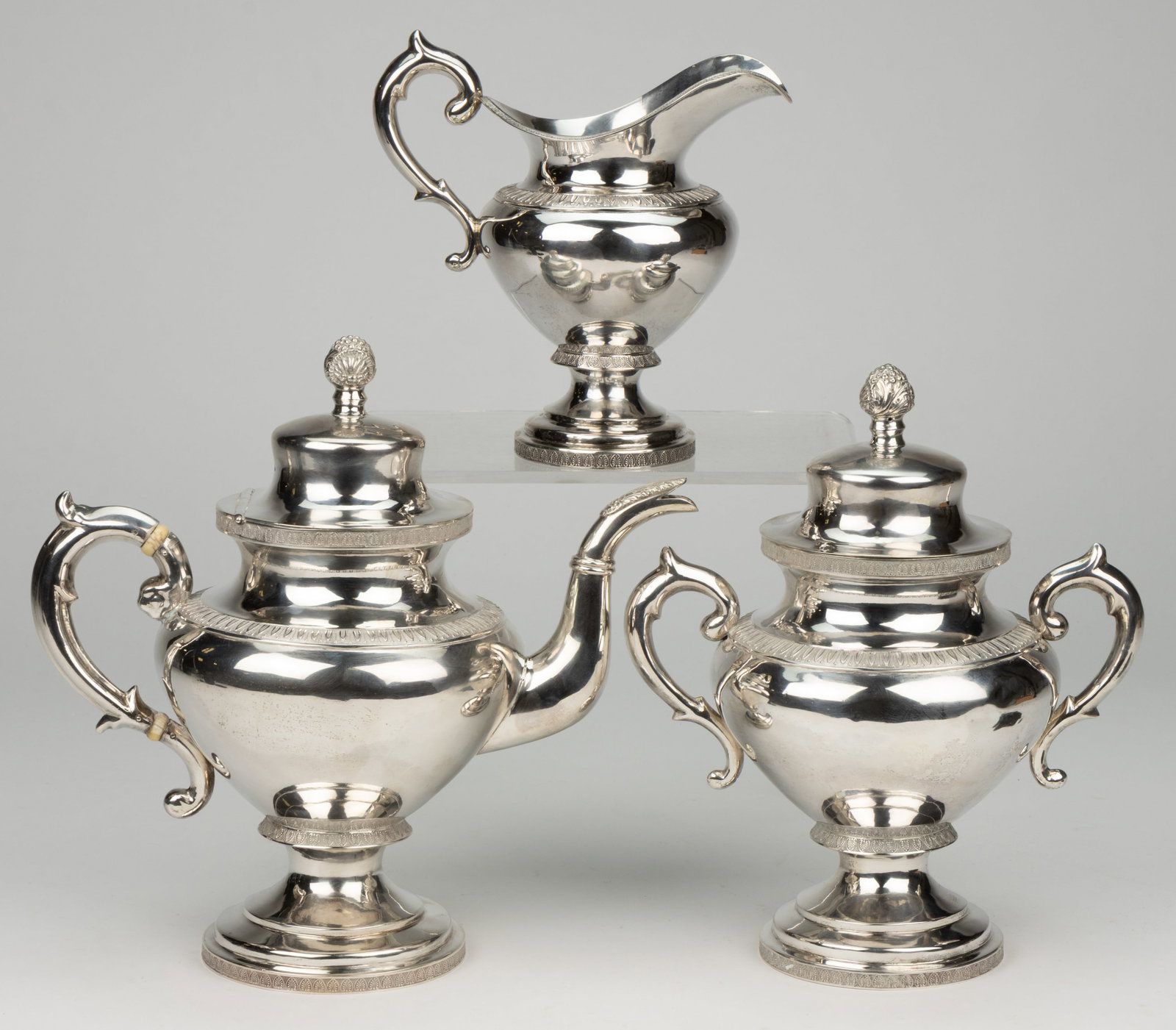 E. STEBBINS & CO., NEW YORK CITY, NEW YORK COIN SILVER THREE-PIECE COFFEE / TEA SERVICE (1 of 2)