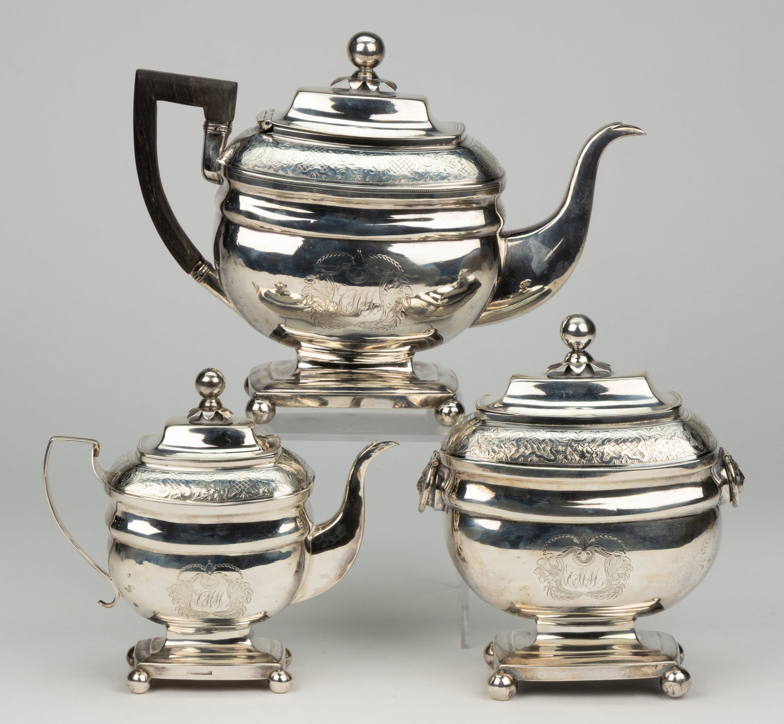 HUGH WISHART, NEW YORK CITY, NEW YORK COIN SILVER THREE-PIECE TEA SERVICE (1 of 2)