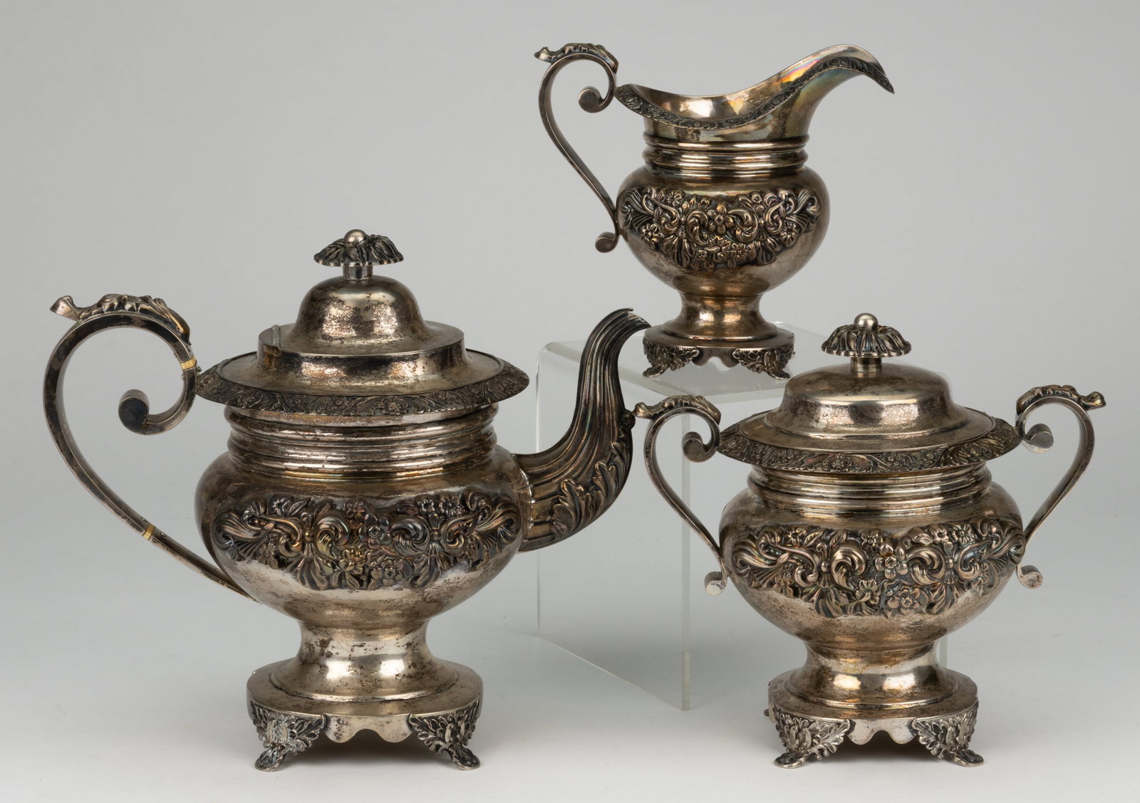 JOHN BELKNAP JONES, BOSTON, MASSACHUSETTS COIN SILVER THREE-PIECE TEA SERVICE (1 of 2)