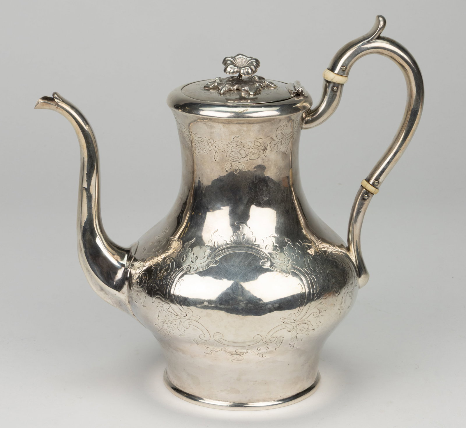 JONES, BALL & POOR, BOSTON, MASSACHUSETTS ENGRAVED-DECORATED COIN SILVER COFFEE POT (1 of 2)
