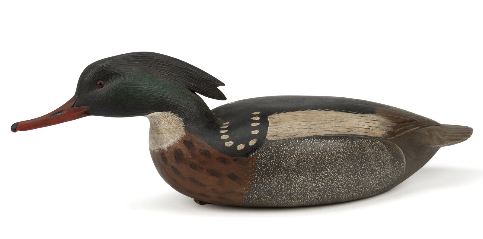 JAMES "CORB" REED (CHINCOTEAGUE, VIRGINIA, 1897-1987), ATTRIBUTED, CARVED AND PAINTED MERGANSER DUCK (1 of 6)