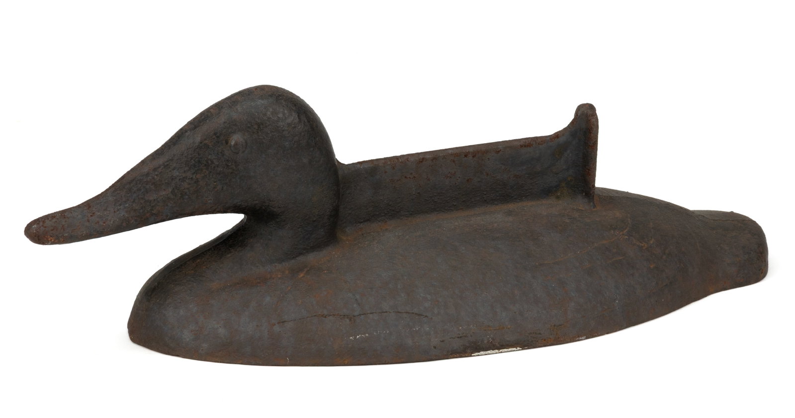 CAST-IRON SINK-BOX STYLE FIGURAL DUCK DECOY BOOT SCRAPER: CAST-IRON SINK-BOX STYLE FIGURAL DUCK DECOY BOOT SCRAPER, one-piece construction with flat bottom, solid body with convex eyes, and molded scraper with cross bar. Retains remnants of the original