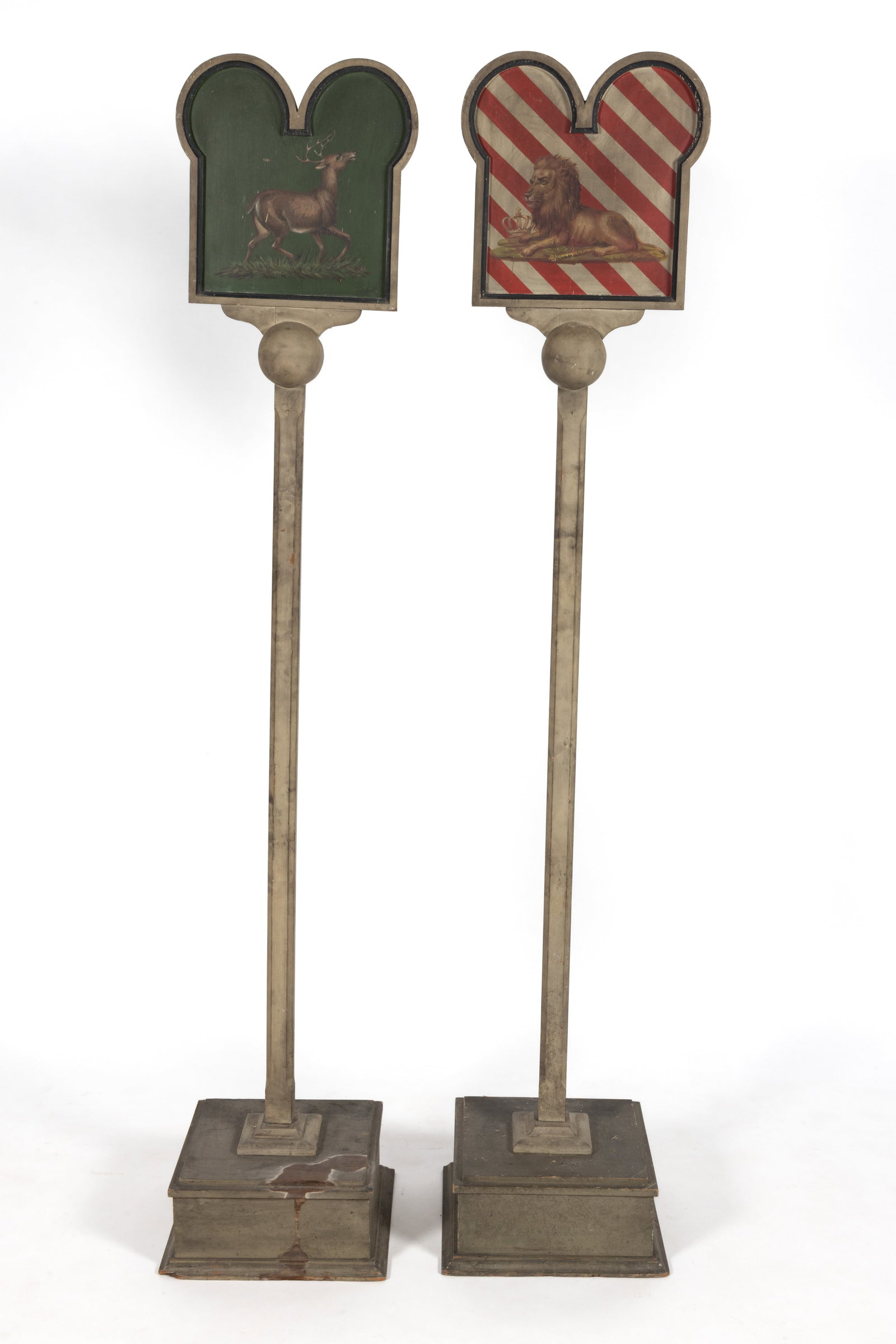 FOLK ART CARVED AND PAINTED WOODEN FRATERNAL SIGN / EMBLEM POSTS, LOT OF TWO (1 of 5)