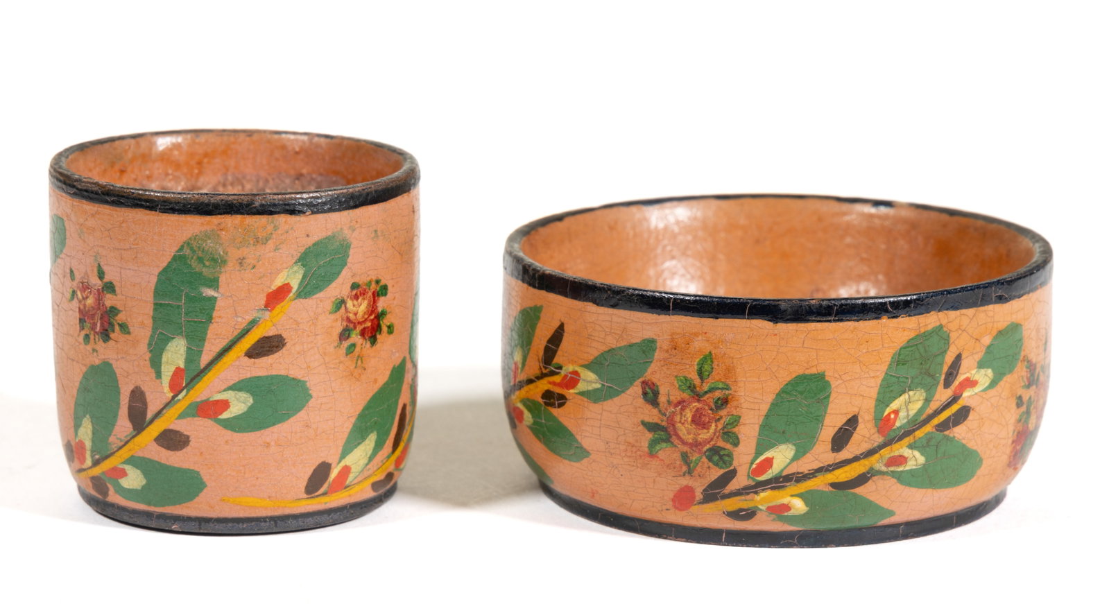 JOSEPH LONG LEHN (CLAY TOWNSHIP, LANCASTER CO., PENNSYLVANIA, 1798-1892) PAINT-DECORATED LEHNWARE: JOSEPH LONG LEHN (CLAY TOWNSHIP, LANCASTER CO., PENNSYLVANIA, 1798-1892) PAINT-DECORATED LEHNWARE CUP AND SAUCER SET, finely-turned, probably poplar, both with the original paint-decorated pussy willo