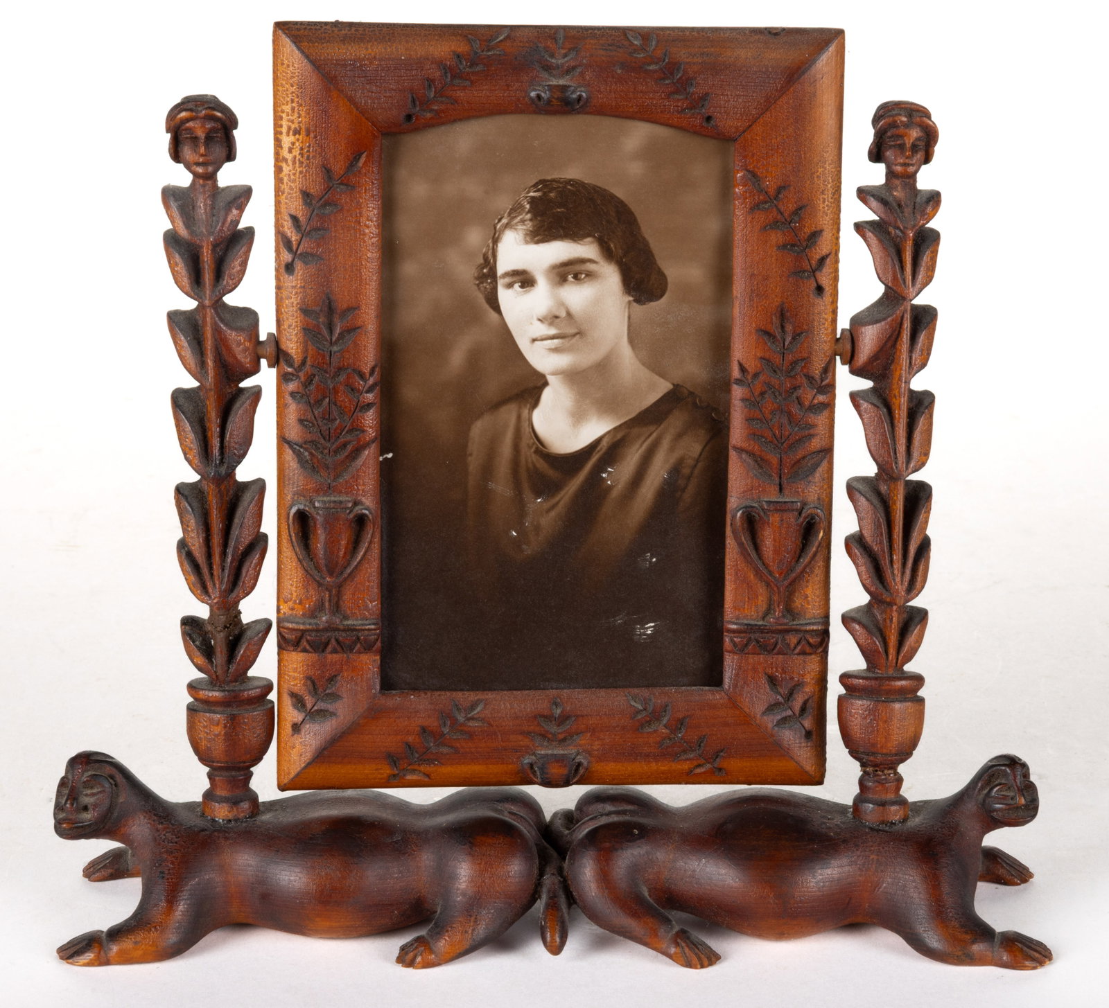 FOLK ART CARVED SWIVEL PICTURE FRAME ON STAND (1 of 5)