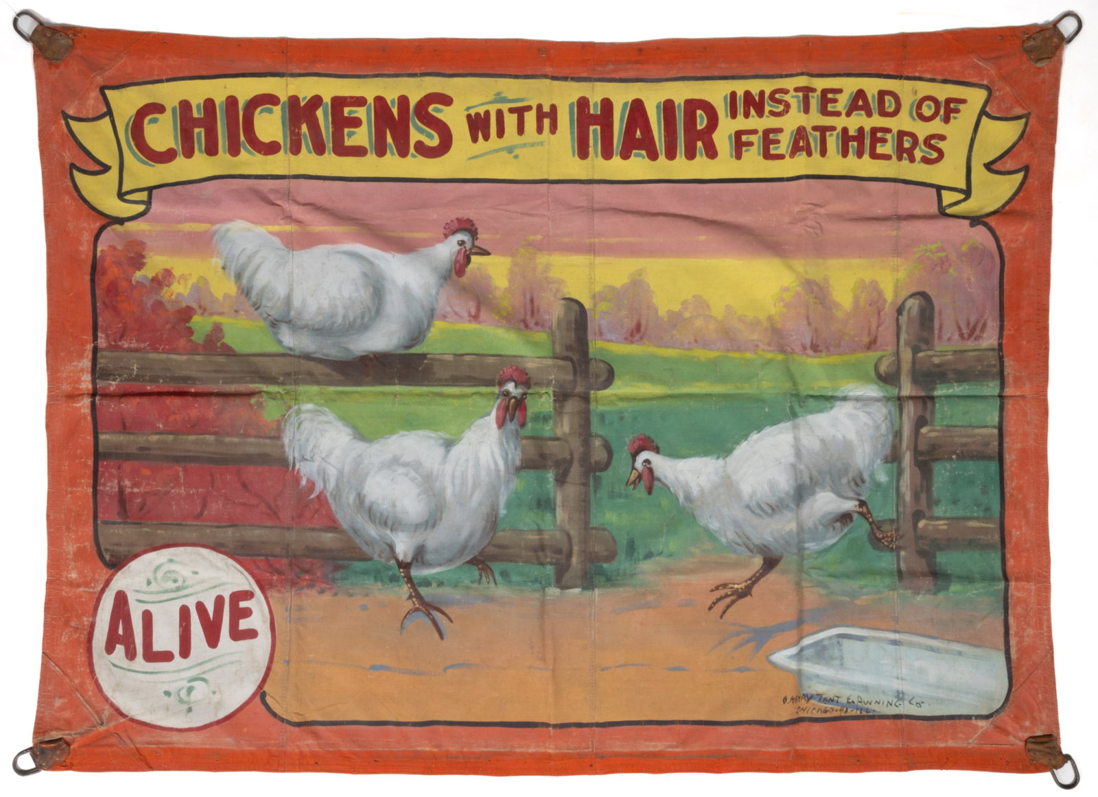FRED JOHNSON (AMERICAN, 1892-1990), ATTRIBUTED, O. HENRY TENT & AWNING CO. PAINTED CIRCUS /: FRED JOHNSON (AMERICAN, 1892-1990), ATTRIBUTED, O. HENRY TENT & AWNING CO. PAINTED CIRCUS / AMUSEMENT LARGE SIDESHOW BANNER, rectangular form, paint-decoration on canvas, red border over a br