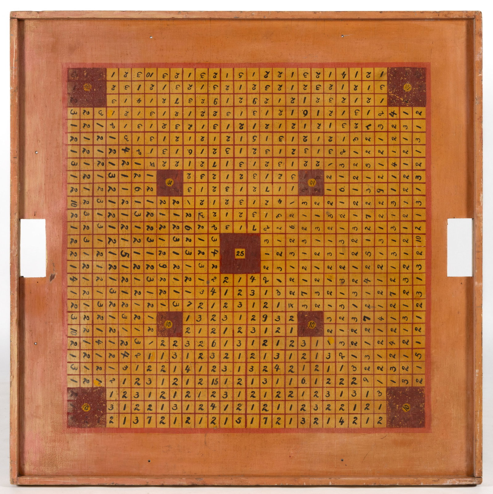 AMERICAN FOLK ART PAINTED WOODEN CARNIVAL / CIRCUS PENNY PITCH GAMING BOARD: AMERICAN FOLK ART PAINTED WOODEN CARNIVAL / CIRCUS PENNY PITCH GAMING BOARD, a large graphic example raised on a frame with cut-outs at two ends, retaining likely original surface in pink, red, white,