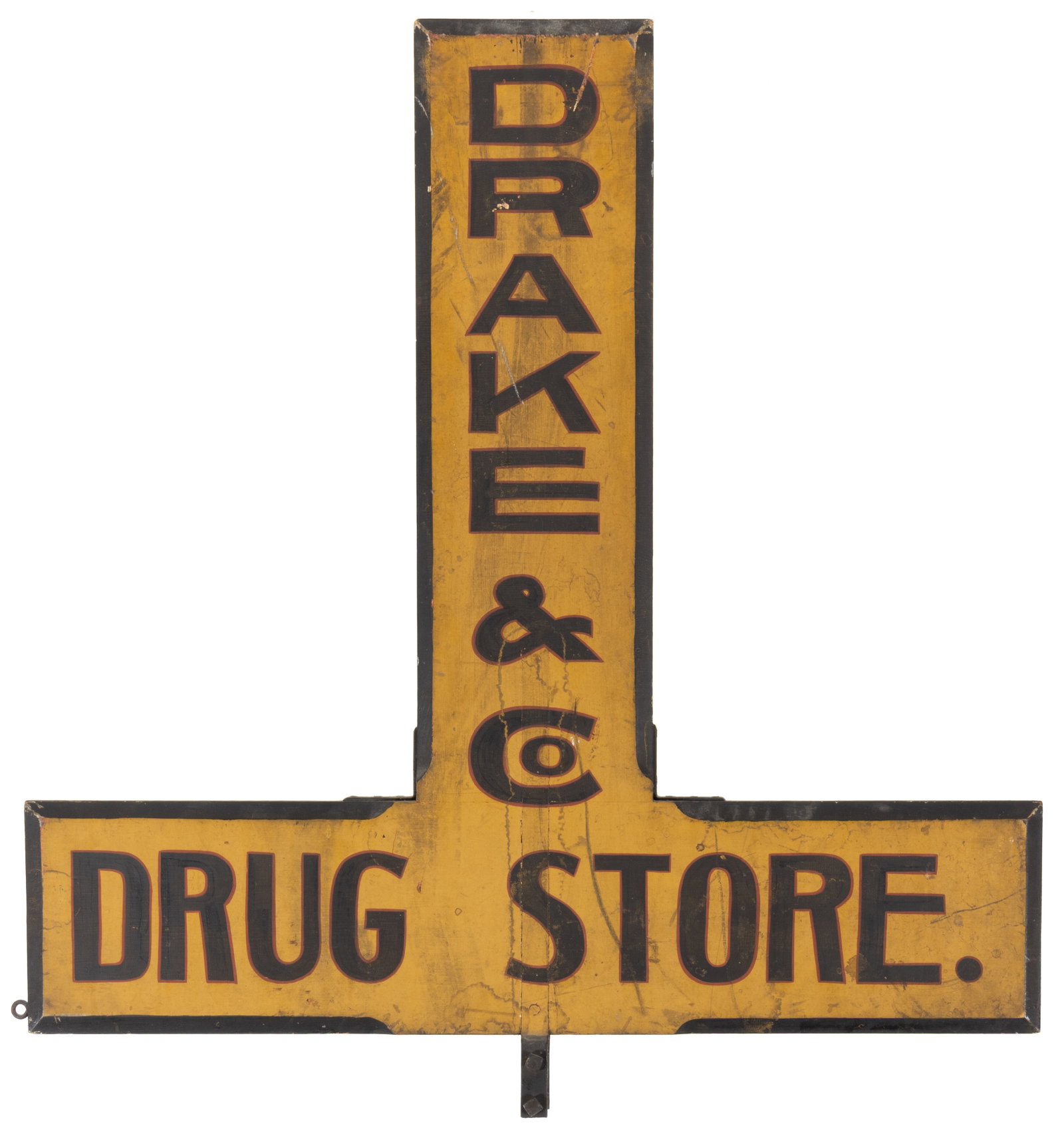 AMERICAN FOLK ART PAINTED WOODEN DRUG STORE TRADE SIGN: AMERICAN FOLK ART PAINTED WOODEN DRUG STORE TRADE SIGN, unusual double-sided form with beveled edges and iron mounting bracket, retaining likely original surface in red, black, and yellow, marked &quo