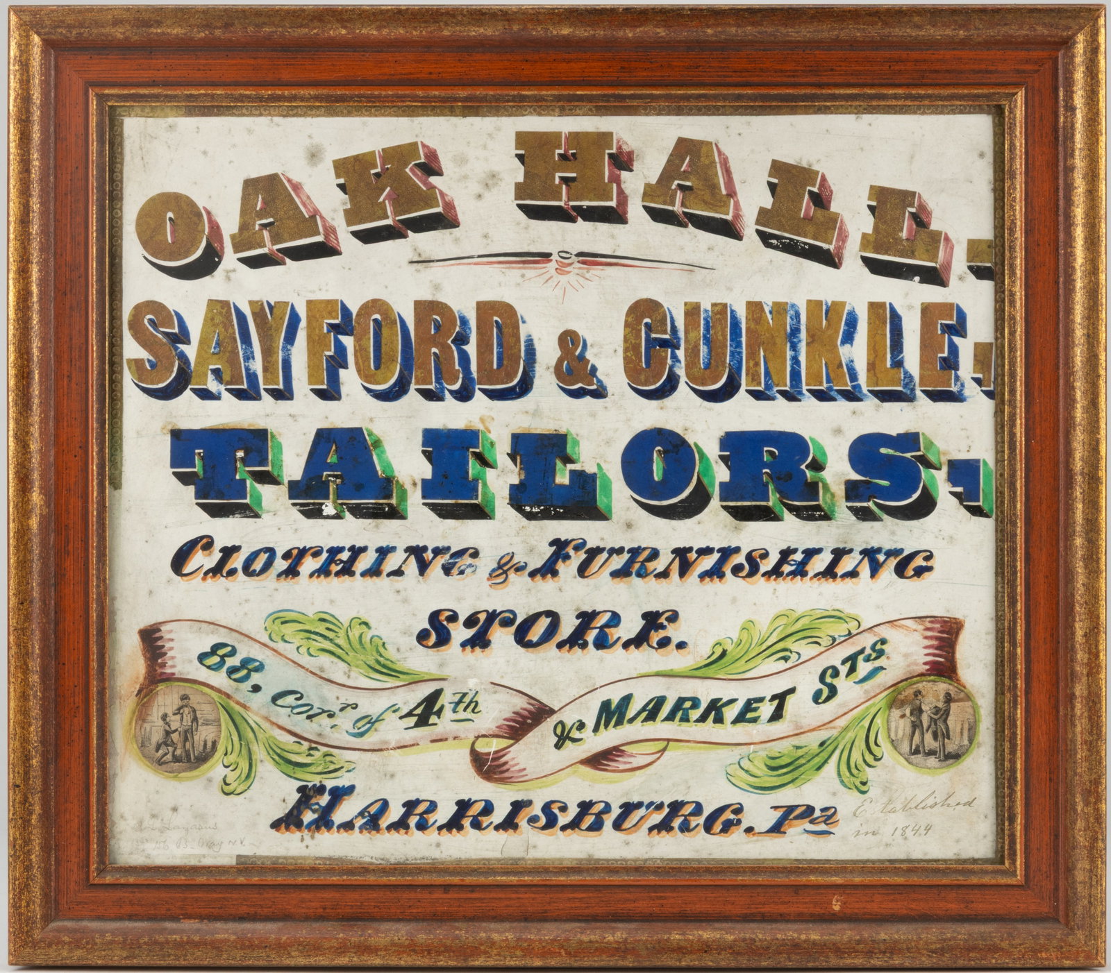 HARRISBURG, PENNSYLVANIA FOLK ART PAINTED AND DECORATED TAILOR ADVERTISING / TRADE SIGN: HARRISBURG, PENNSYLVANIA FOLK ART PAINTED AND DECORATED TAILOR ADVERTISING / TRADE SIGN, hand cut-out lettering and stenciling on paper in various colors and with shading effects, colors include 