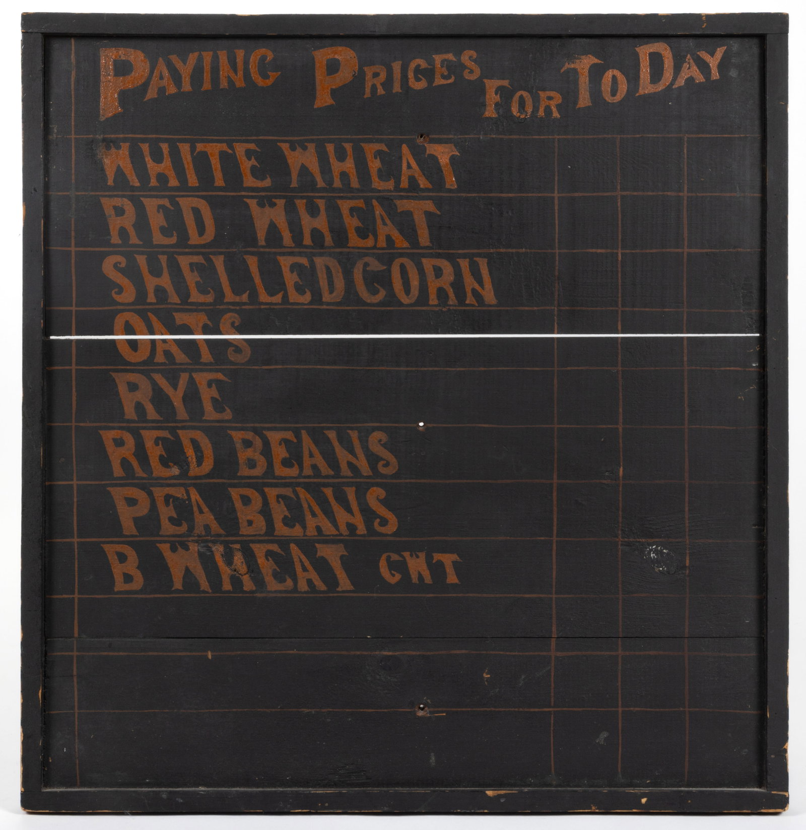 AMERICAN FOLK ART PAINTED WOODEN TRADE SIGN: AMERICAN FOLK ART PAINTED WOODEN TRADE SIGN, single-sided form featuring orange lettering against a black ground, all within a simple applied frame. Retaining likely original surface. Circa 1920. 31&q