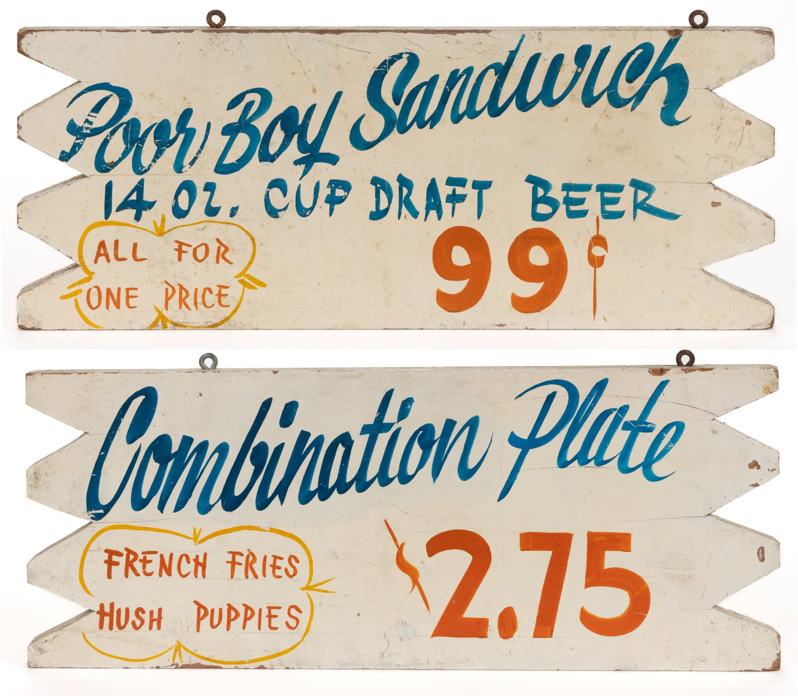 PAIR OF VINTAGE AMERICAN FOLK ART PAINTED WOODEN TRADE SIGNS: PAIR OF VINTAGE AMERICAN FOLK ART PAINTED WOODEN TRADE SIGNS, each a rectangular double-sided form with sawtooth edges, one marked "EVERY DAY / LASAGNE [sic] / $1.35" another marked "Po