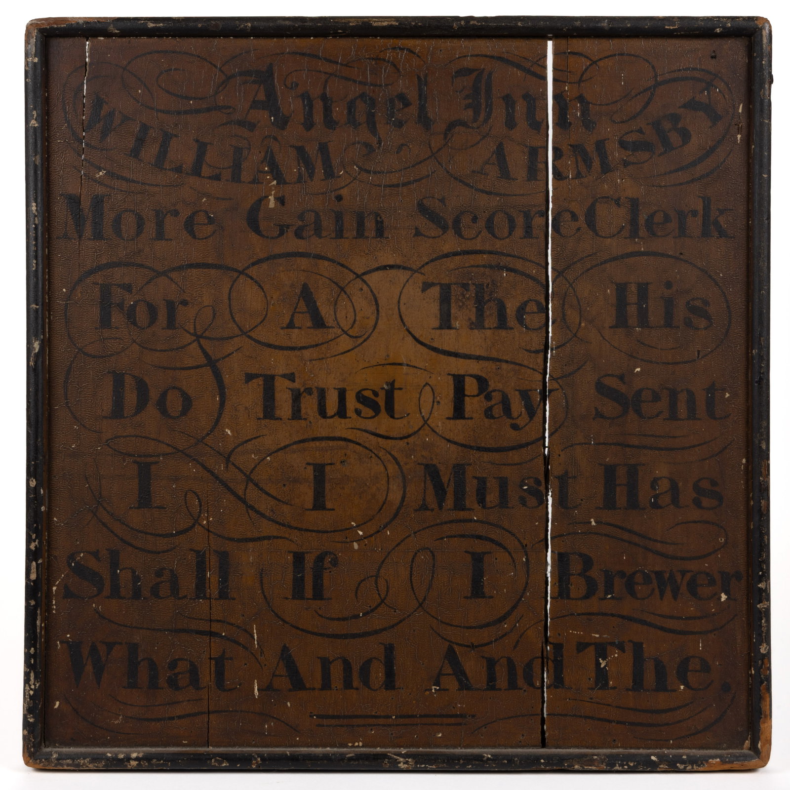 BRITISH FOLK ART PAINTED WOODEN INN TRADE SIGN: BRITISH FOLK ART PAINTED WOODEN INN TRADE SIGN, single-sided square form with simple applied molding to edges, marked for the "Angel Inn" and "WILLIAM ARMSBY" the proprietor, rever