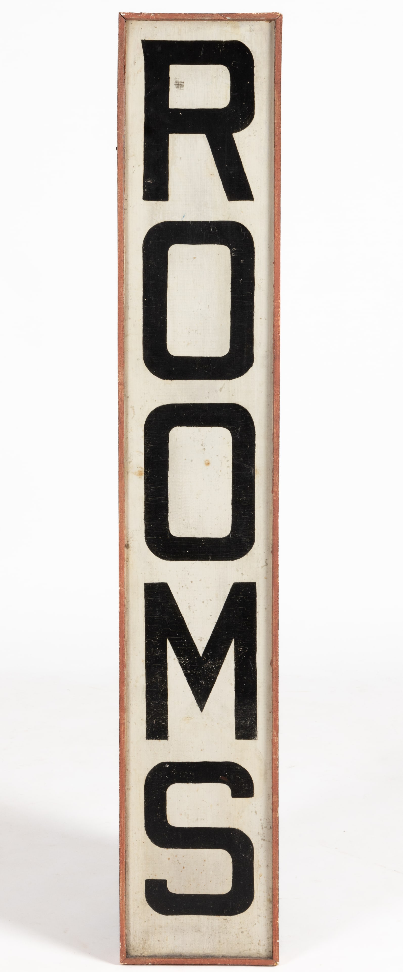 AMERICAN FOLK ART PAINTED WOODEN "ROOMS" TRADE SIGN: AMERICAN FOLK ART PAINTED WOODEN "ROOMS" TRADE SIGN, double-sided form featuring black lettering on a white ground with applied pink trim molding. Second quarter 20th century. 48 3/4" x