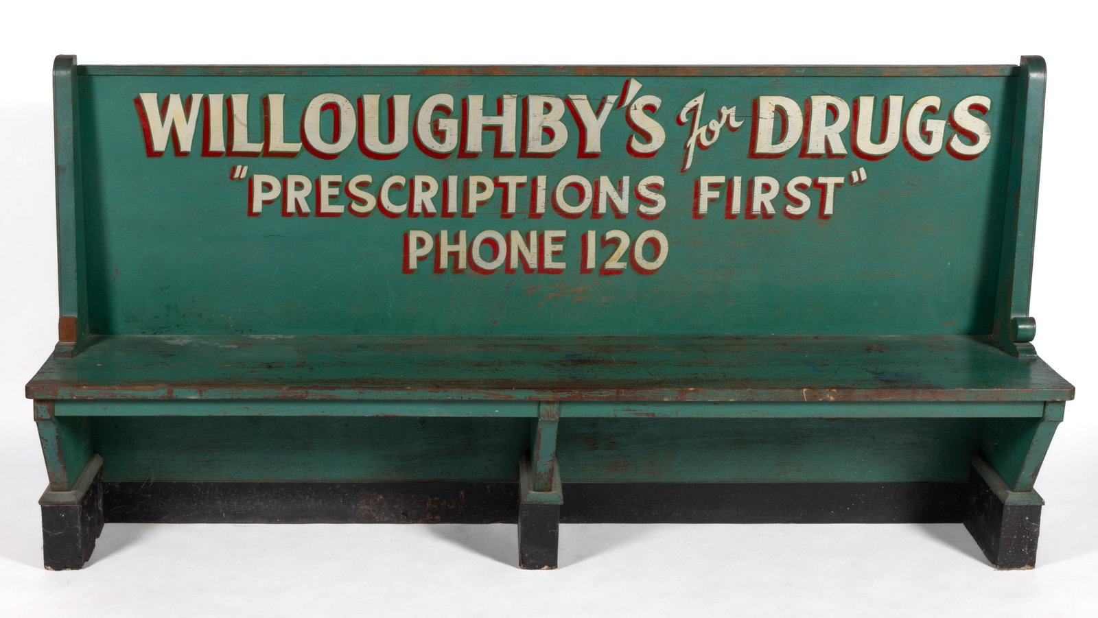 AMERICAN PAINT-DECORATED WOODEN PHARMACY ADVERTISING BENCH (1 of 4)
