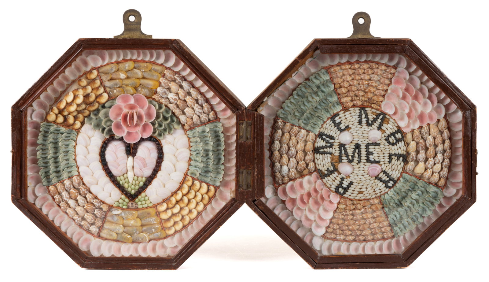FOLK ART SHELL-WORK SAILOR'S VALENTINE: FOLK ART SHELL-WORK SAILOR'S VALENTINE, double-sided circles with assorted sections of various shells and seeds in a concentric pattern, various colors including pastel colored examples,