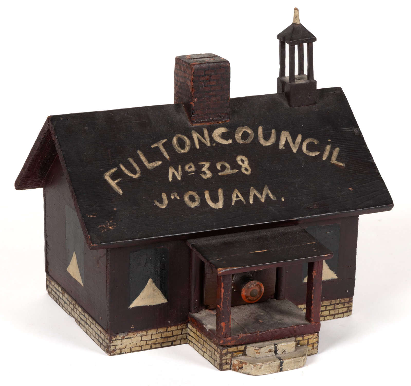 FOLK ART FRATERNAL FULTON COUNCIL NO. 328 JR. ORDER UNITED AMERICAN MECHANICS FIGURAL BALLOT BOX: FOLK ART FRATERNAL FULTON COUNCIL NO. 328 JR. ORDER UNITED AMERICAN MECHANICS FIGURAL BALLOT BOX, figural wooden structure depicting a school house, roof is painted black with white lettering "FU