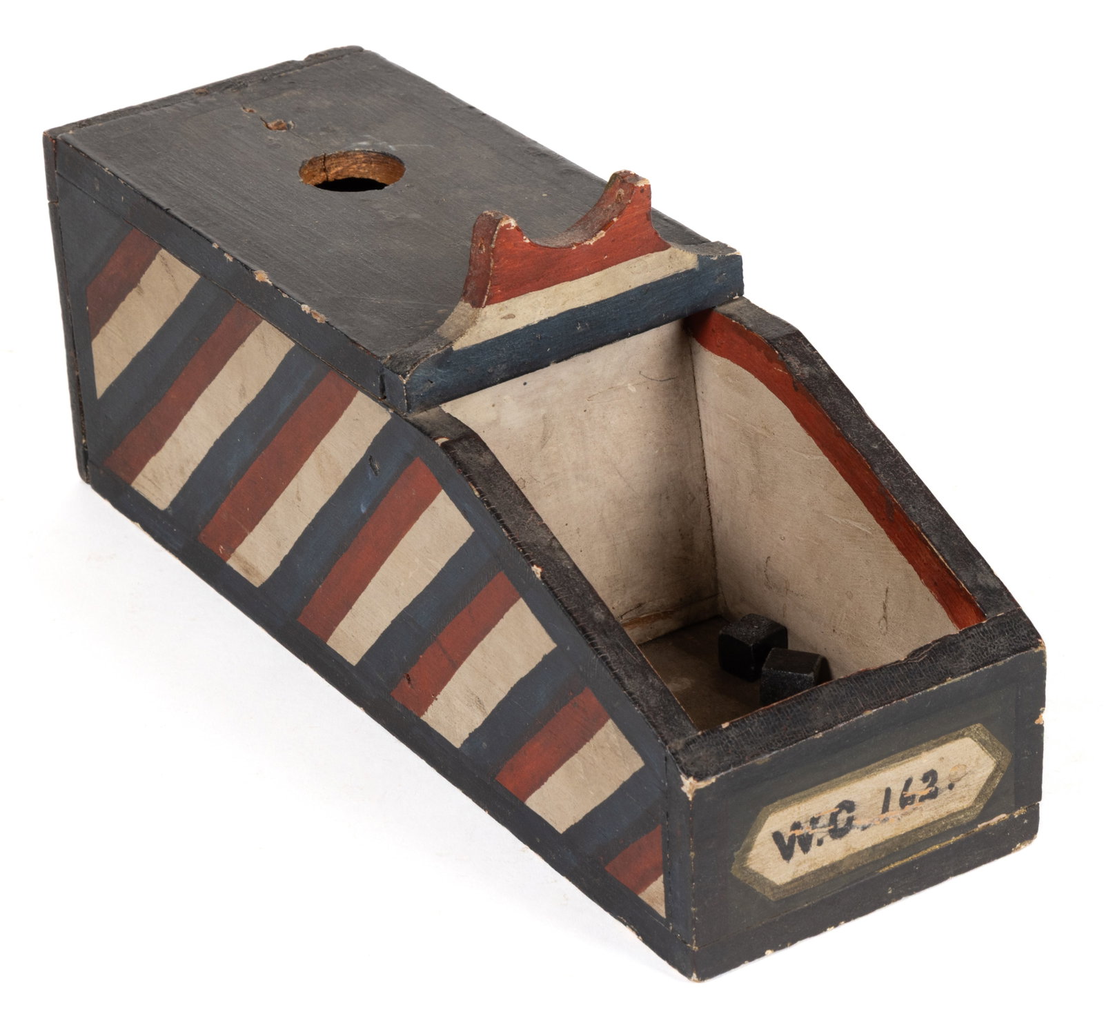 FOLK ART FRATERNAL CARVED WOOD FIGURAL BALLOT BOX: FOLK ART FRATERNAL CARVED WOOD FIGURAL BALLOT BOX, rectangular form having a large open-top cavity for marbles and stenciled on the front "W.C. 163", possibly for Woodman's Circle frater