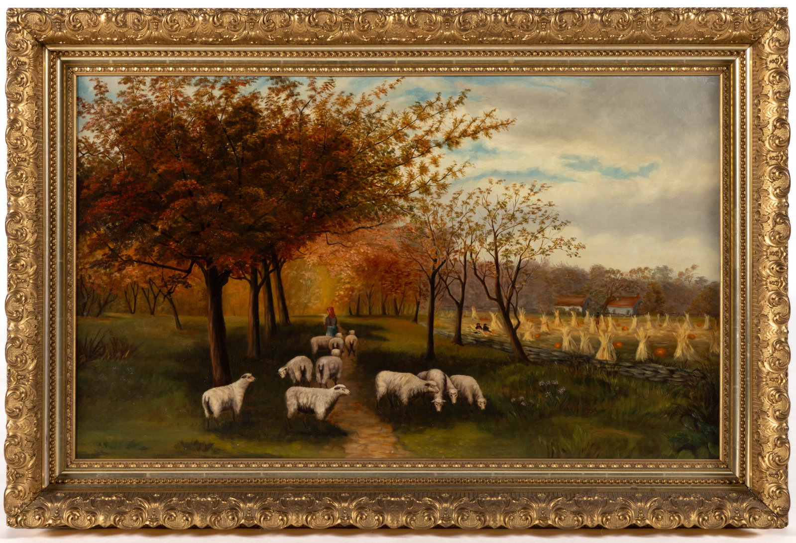AMERICAN SCHOOL (19TH CENTURY) FOLK ART AUTUMNAL LANDSCAPE WITH SHEEP AND PUMPKIN PATCH: AMERICAN SCHOOL (19TH CENTURY) FOLK ART AUTUMNAL LANDSCAPE WITH SHEEP AND PUMPKIN PATCH, oil on canvas, featuring a woman strolling a dirt path lined with trees in autumn foliage, a cornfield, farmhou