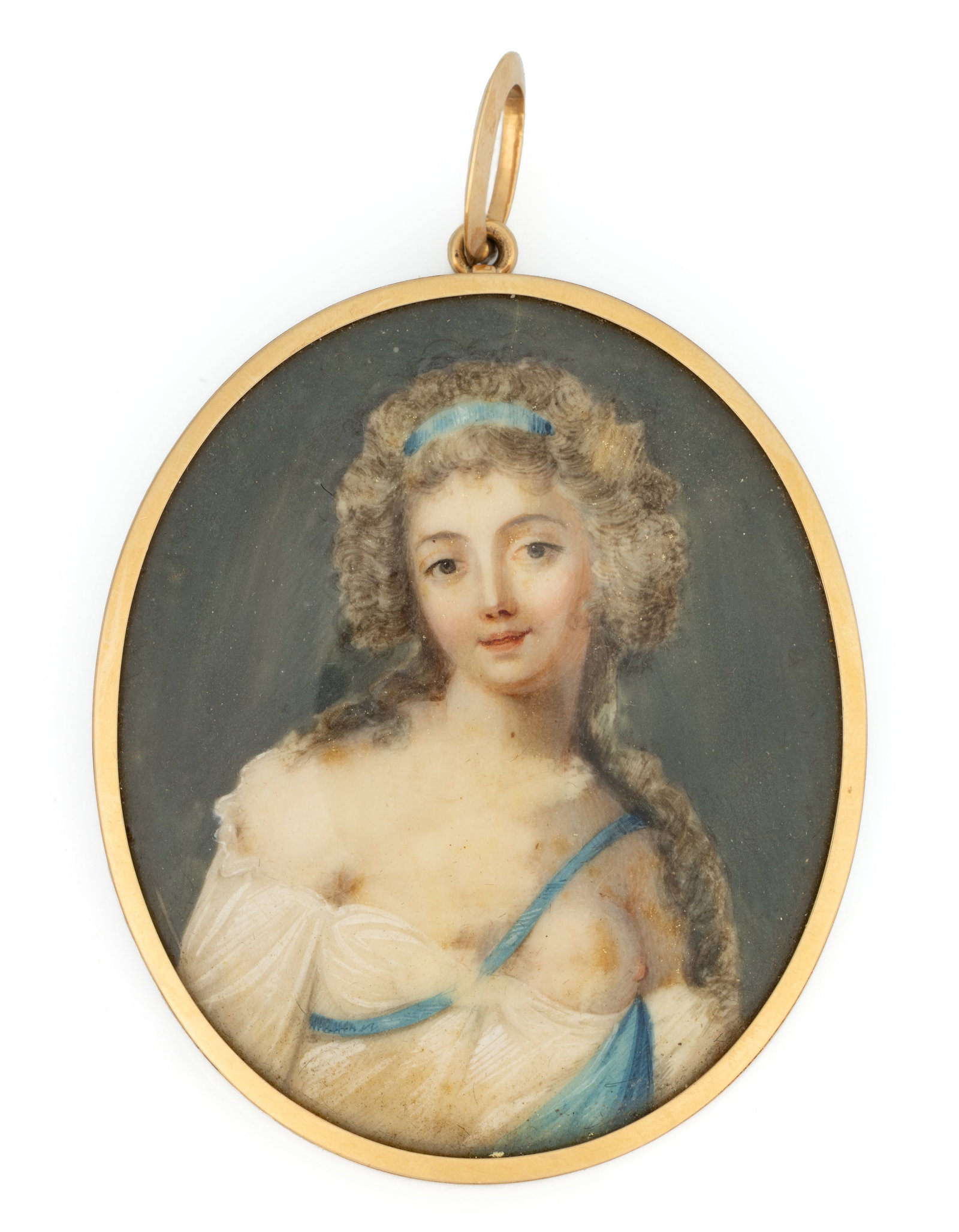 LAWRENCE SULLY (IRELAND / VIRGINIA 1769-1803) MINIATURE PORTRAIT OF A SEMI-NUDE WOMAN: LAWRENCE SULLY (IRELAND / VIRGINIA 1769-1803) MINIATURE PORTRAIT OF A SEMI-NUDE WOMAN, watercolor, depicting a young maiden with a hairstyle in the French fashion, her white draping dress leaves one b