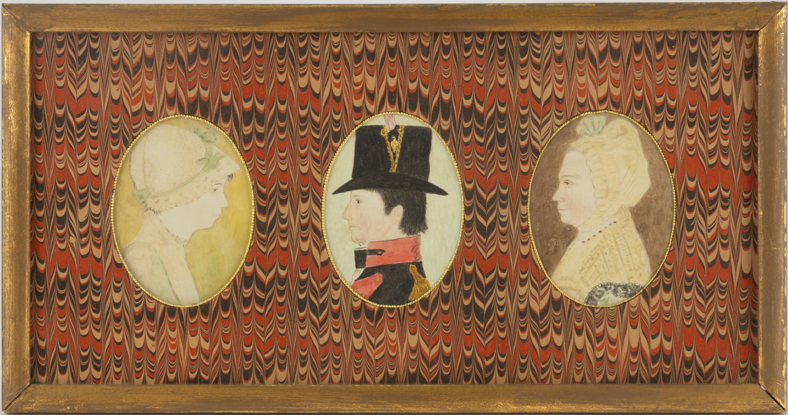 GRASTY FAMILY (ORANGE CO., VIRGINIA) FOLK ART PROFILE PORTRAITS, LOT OF THREE IN ONE FRAME (1 of 3)