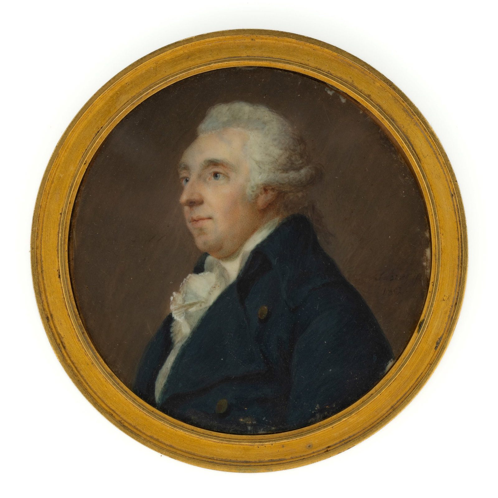 FRENCH SCHOOL (19TH CENTURY) MINIATURE PORTRAIT OF A GENTLEMAN: FRENCH SCHOOL (19TH CENTURY) MINIATURE PORTRAIT OF A GENTLEMAN, watercolor, a fine bust-length depiction of an older gentleman with white hair and a navy blue coat. Dated "1802" and signed s