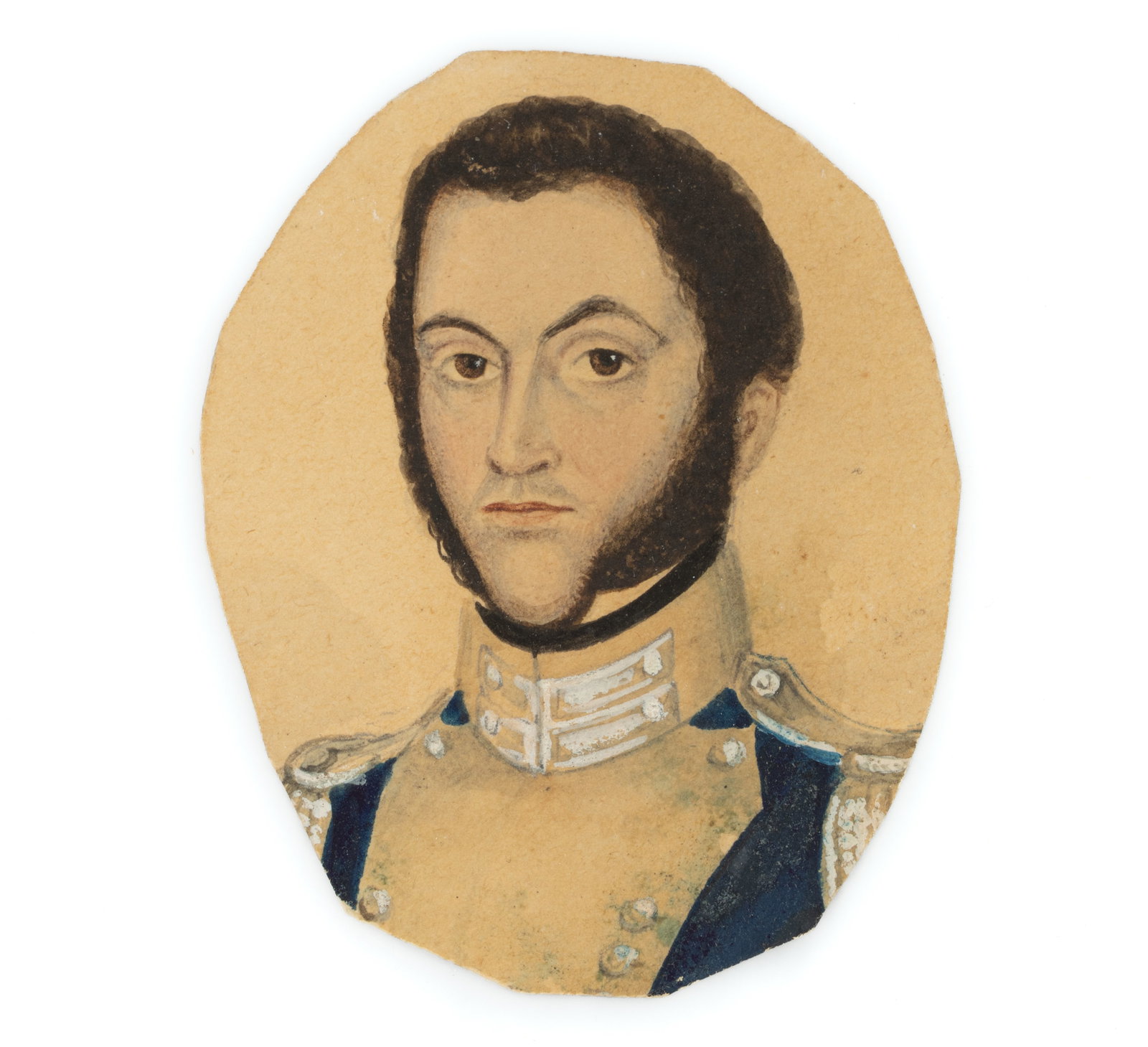 EUROPEAN SCHOOL (19TH CENTURY) MINIATURE PORTRAIT OF A MILITARY MAN: EUROPEAN SCHOOL (19TH CENTURY) MINIATURE PORTRAIT OF A MILITARY MAN, watercolor on paper, depicting a young officer dressed in his formal military attire. Unframed, but retains glass and backing from 