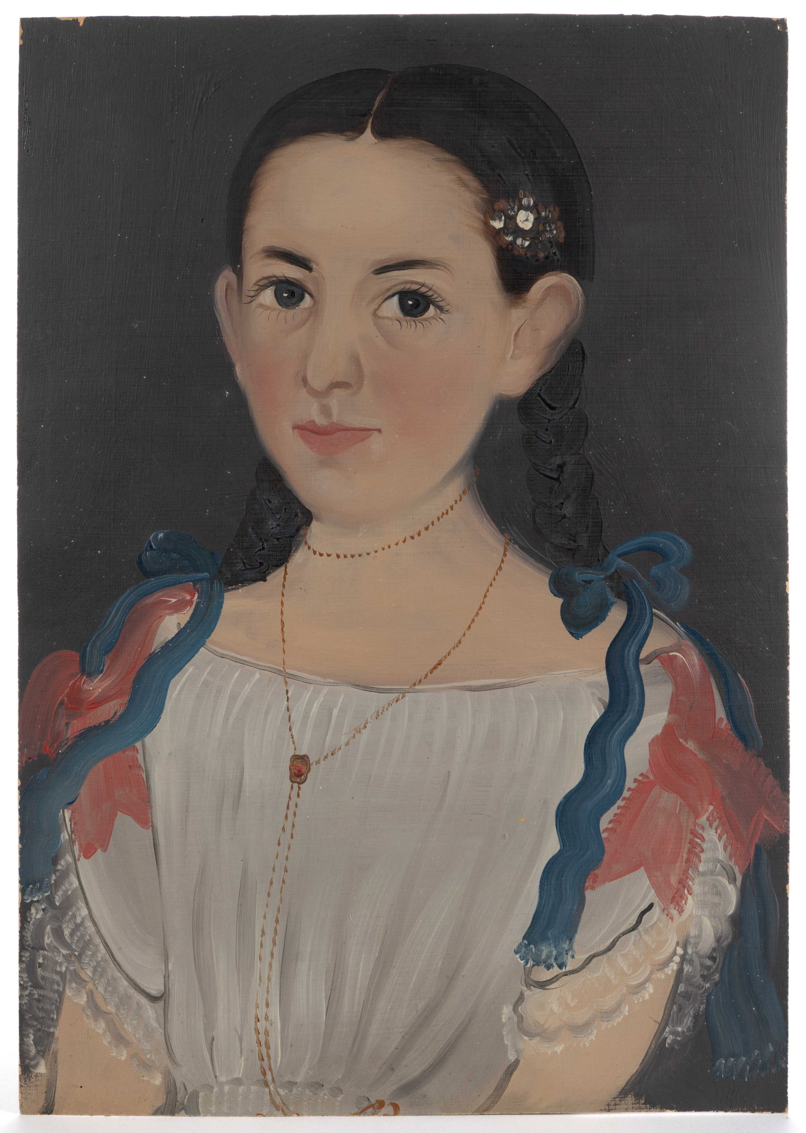FINE PRIOR-HAMBLIN SCHOOL FOLK ART PORTRAIT OF A GIRL: FINE PRIOR-HAMBLIN SCHOOL FOLK ART PORTRAIT OF A GIRL, oil on board, a charming example featuring a beautiful sitter wearing white off-the-shoulder gown adorned with pink ribbons and braided dark hair
