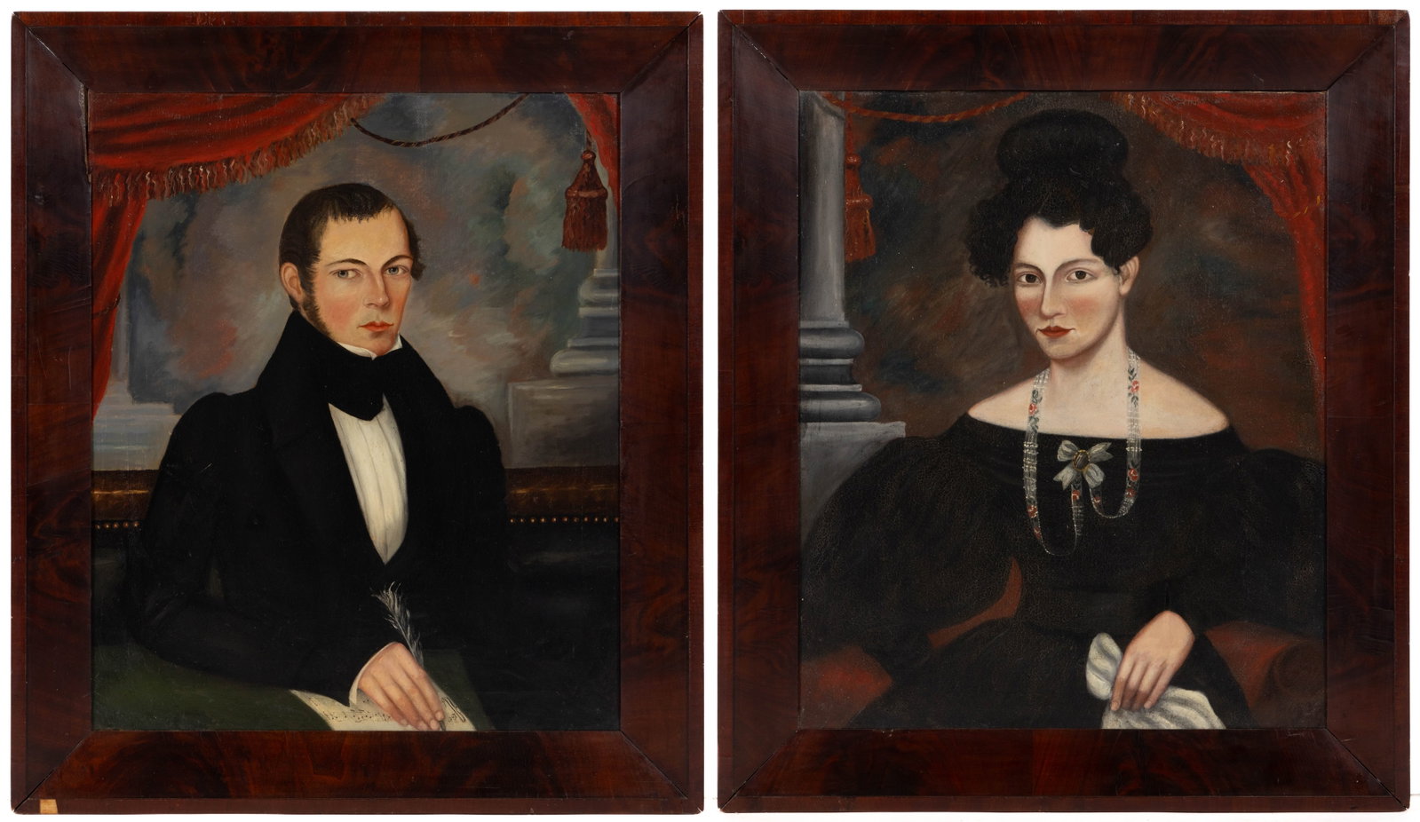 PAIR OF AMERICAN SCHOOL (19TH CENTURY) FOLK ART PORTRAITS OF A MASSACHUSETTS COUPLE: AMERICAN SCHOOL (19TH CENTURY) FOLK ART PORTRAITS OF A MASSACHUSETTS COUPLE, oil on canvas, each a waist-length depiction of a seated figure with column and drape in the background, she with black Emp