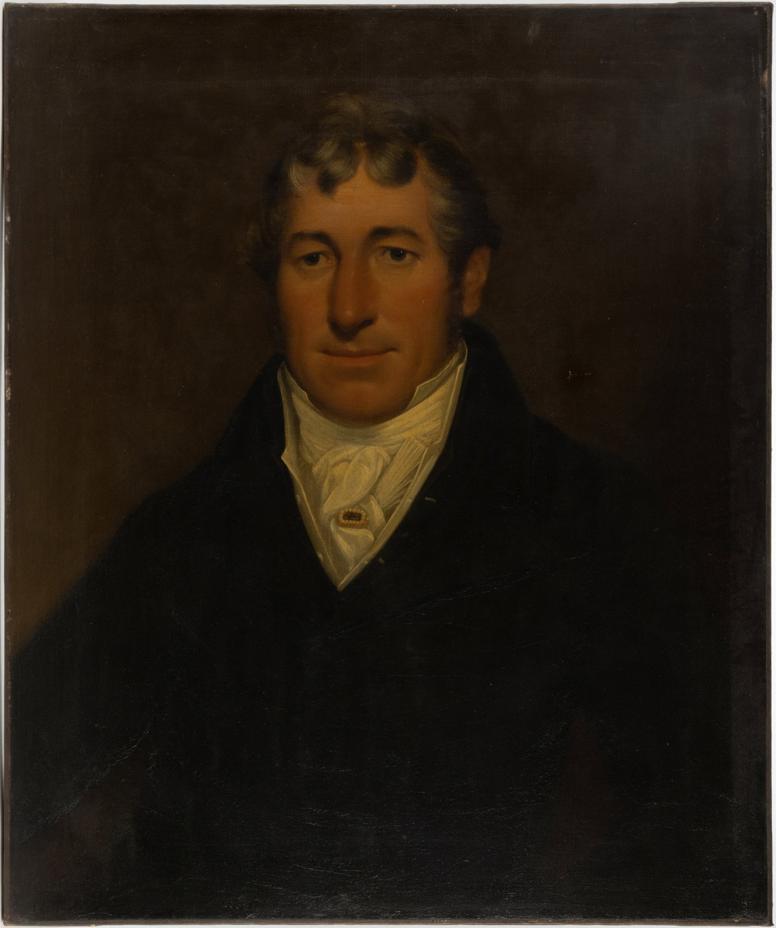 BRITISH SCHOOL (19TH CENTURY) PORTRAIT OF A MAN: BRITISH SCHOOL (19TH CENTURY) PORTRAIT OF A MAN, oil on canvas, a waist-length depiction of a middle-aged gentleman in black coat and white cravat adorned with a jeweled pin, no signature located, old