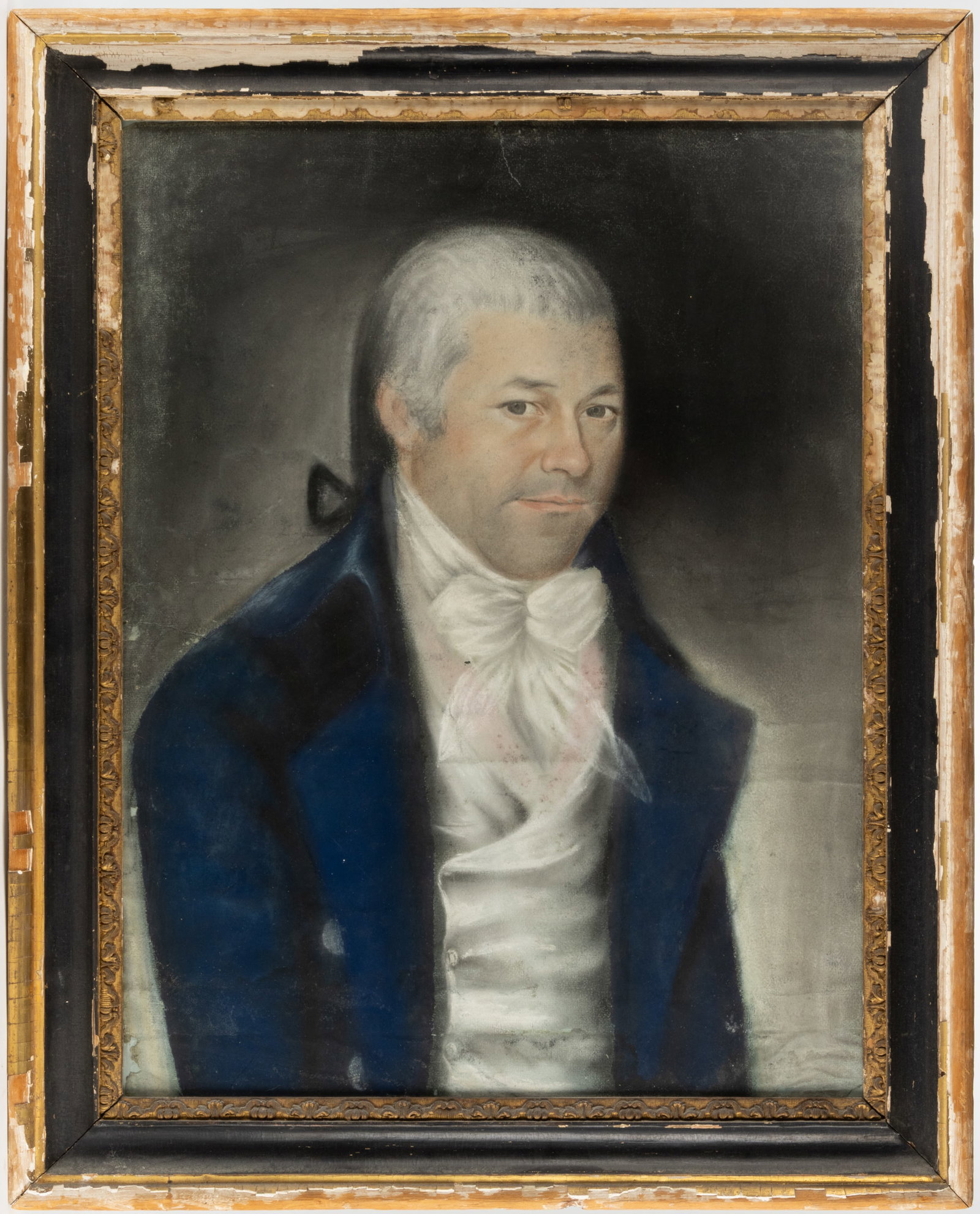 AMERICAN OR EUROPEAN SCHOOL (18TH CENTURY) PORTRAIT OF A MAN: AMERICAN OR EUROPEAN SCHOOL (18TH CENTURY) PORTRAIT OF A MAN, pastel on paper, a waist-length depiction of a sitter wearing a blue coat and white shirt with cravat, his silver hair pulled back in a po