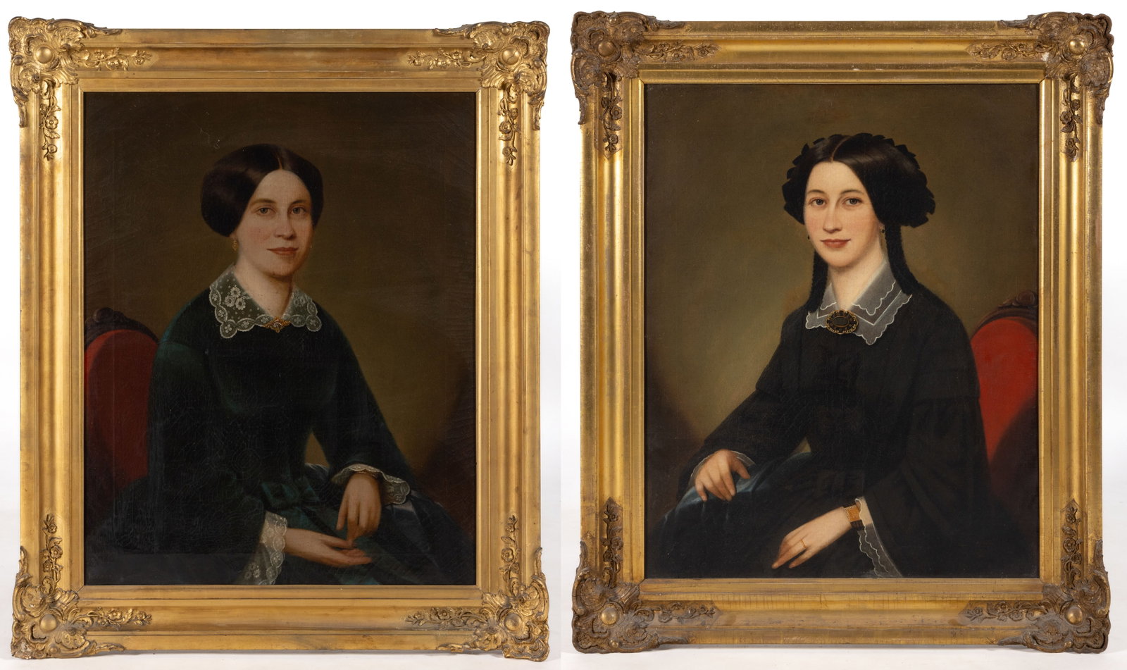 PAIR OF AMERICAN SCHOOL (19TH CENTURY) PORTRAITS OF VIRGINIA-IDENTIFIED SISTERS: PAIR OF AMERICAN SCHOOL (19TH CENTURY) PORTRAITS OF VIRGINIA-IDENTIFIED SISTERS, oil on canvas, each seated figure wearing black gown with white lace trim, one with mourning jewelry and the other with