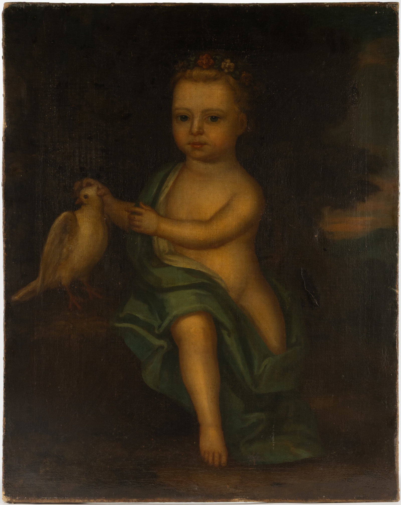 AMERICAN OR BRITISH SCHOOL (18TH CENTURY) FOLK ART PORTRAIT OF A CHILD WITH DOVE: AMERICAN OR BRITISH SCHOOL (18TH CENTURY) FOLK ART PORTRAIT OF A CHILD WITH DOVE, oil on canvas, full-length depiction of a fair-haired child with floral headpiece and blue silk garment in a